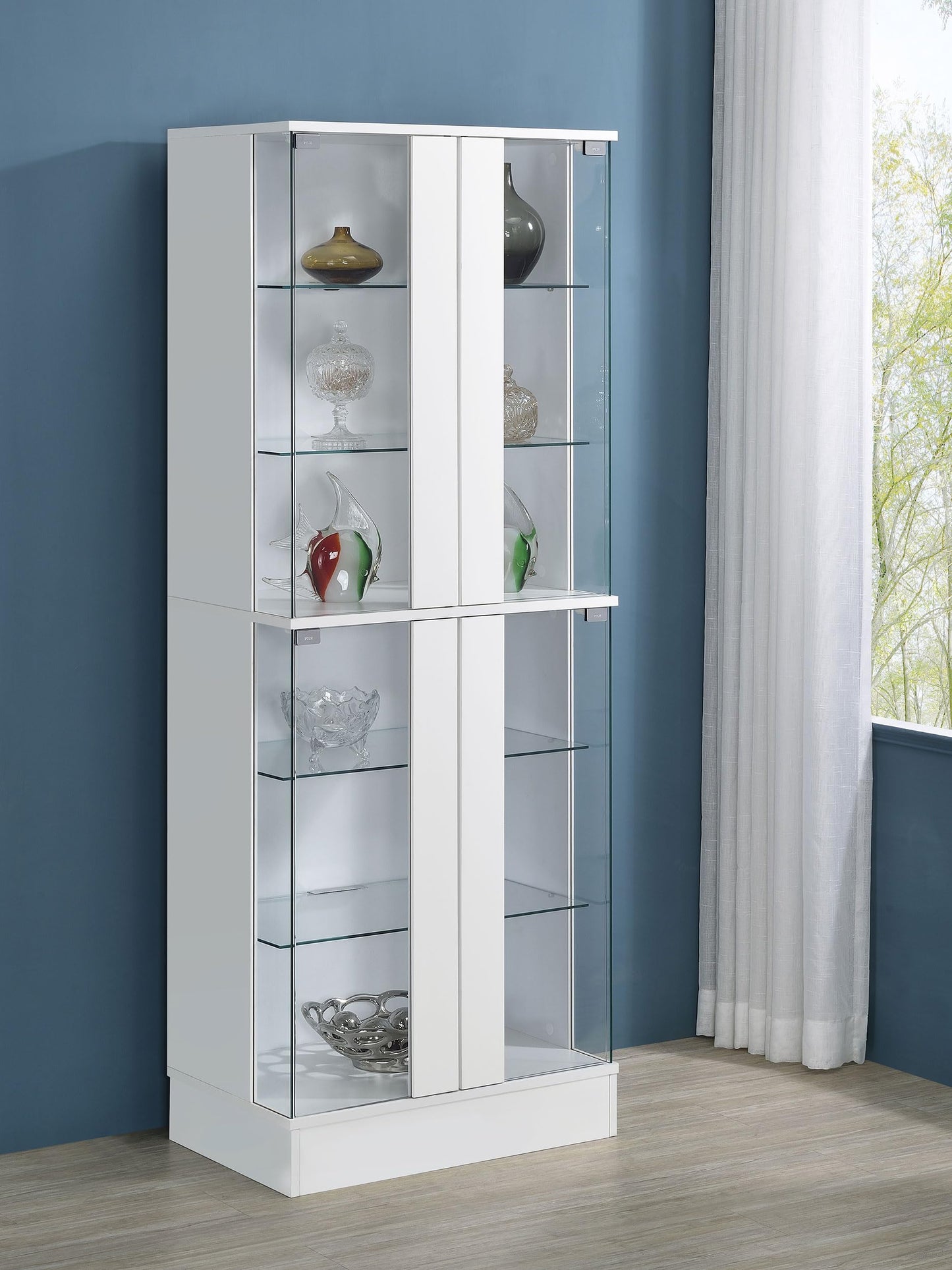 Coaster Home Furnishings - Cabra - 4-Door LED Curio Cabinet with Engineered Wood and Tempered Glass Shelves - Living Room - White High Gloss - 950397