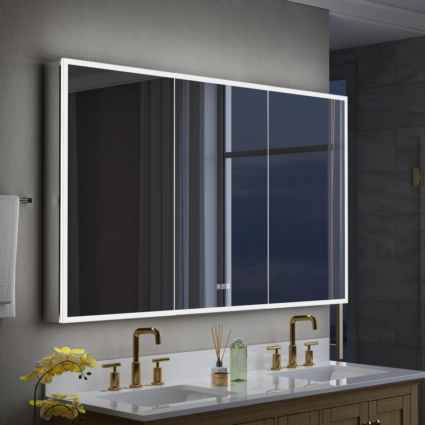 WELLFOR 60" X 36" LED Medicine Cabinet with Mirror, 3X Magnifiying Mirror Cabinet, Defogging/Dimmable Bathroom Mirrored Cabinet, Lighted Medicine Cabinet with Outlets & USB Ports, Three Opening Doors