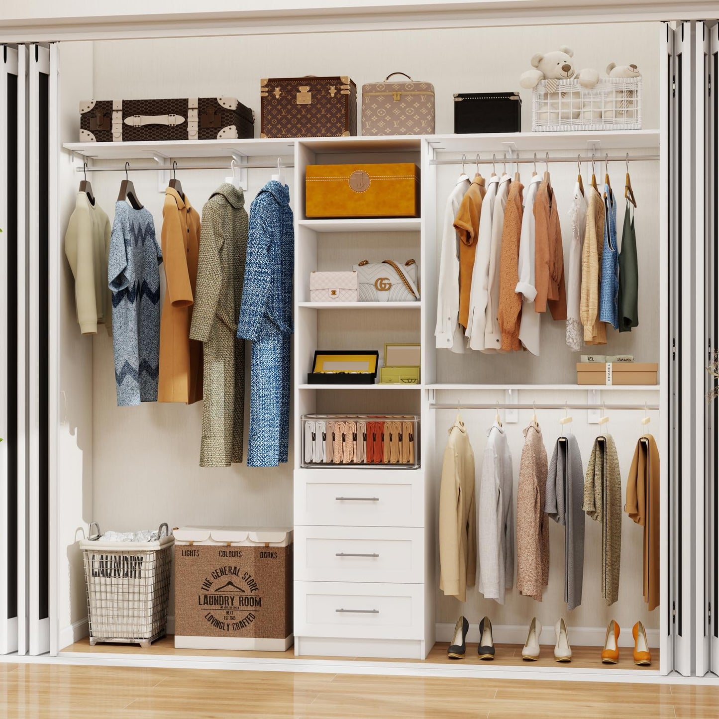 secilix Closet System with Drawers, 5-8FT Closet Organizer Systems with Expandable Hanging Rods, 91.36" Closet Shelving Systems for Walk in Closets, Heavy Duty Wall Mount Closet Systems-White