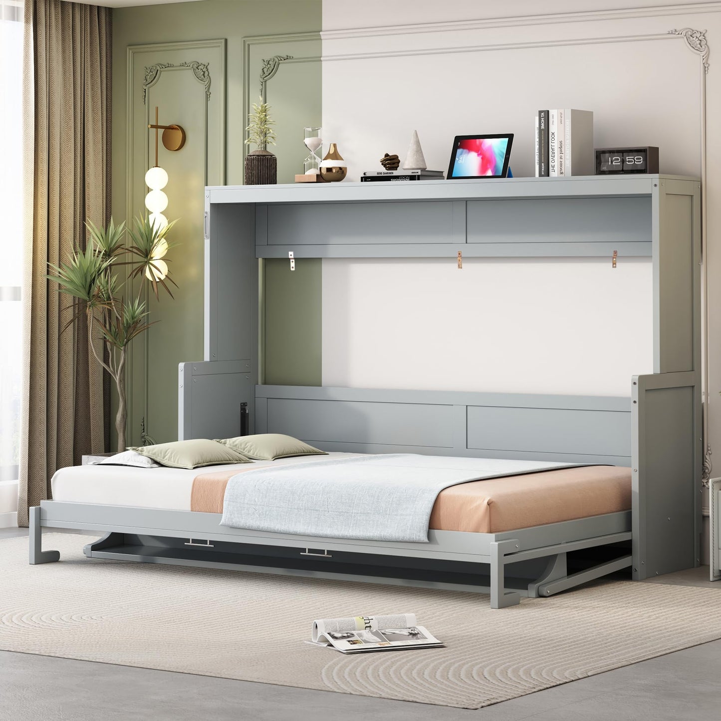 Merax Murphy Bed Queen Size with Desk, Wood Folding Wall Bedframe with Smooth Hydraulic Lift, for Small Bedroom, Guest Room, Home Office, Grey