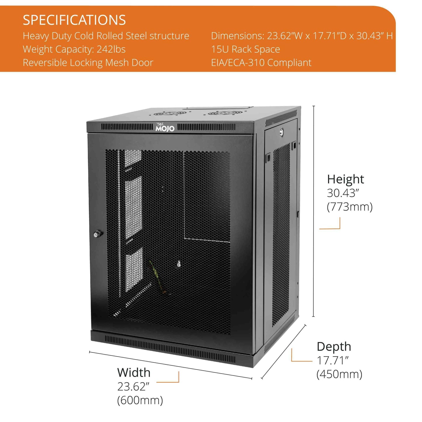 Tecmojo 15U Wall Mount Rack,15U Rack 17.7 Inch Depth,Hold Up to 176 Lbs,Enclosed Wall Mount Rack Kit for 19 Inch Network,Server and AV Gear,Mesh Door(Elite Collection)