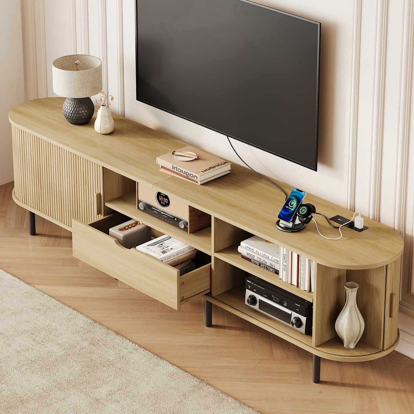 86.6" TV Stand with Power Outlet for TVs up to 85 Inch, Oak Media Console
