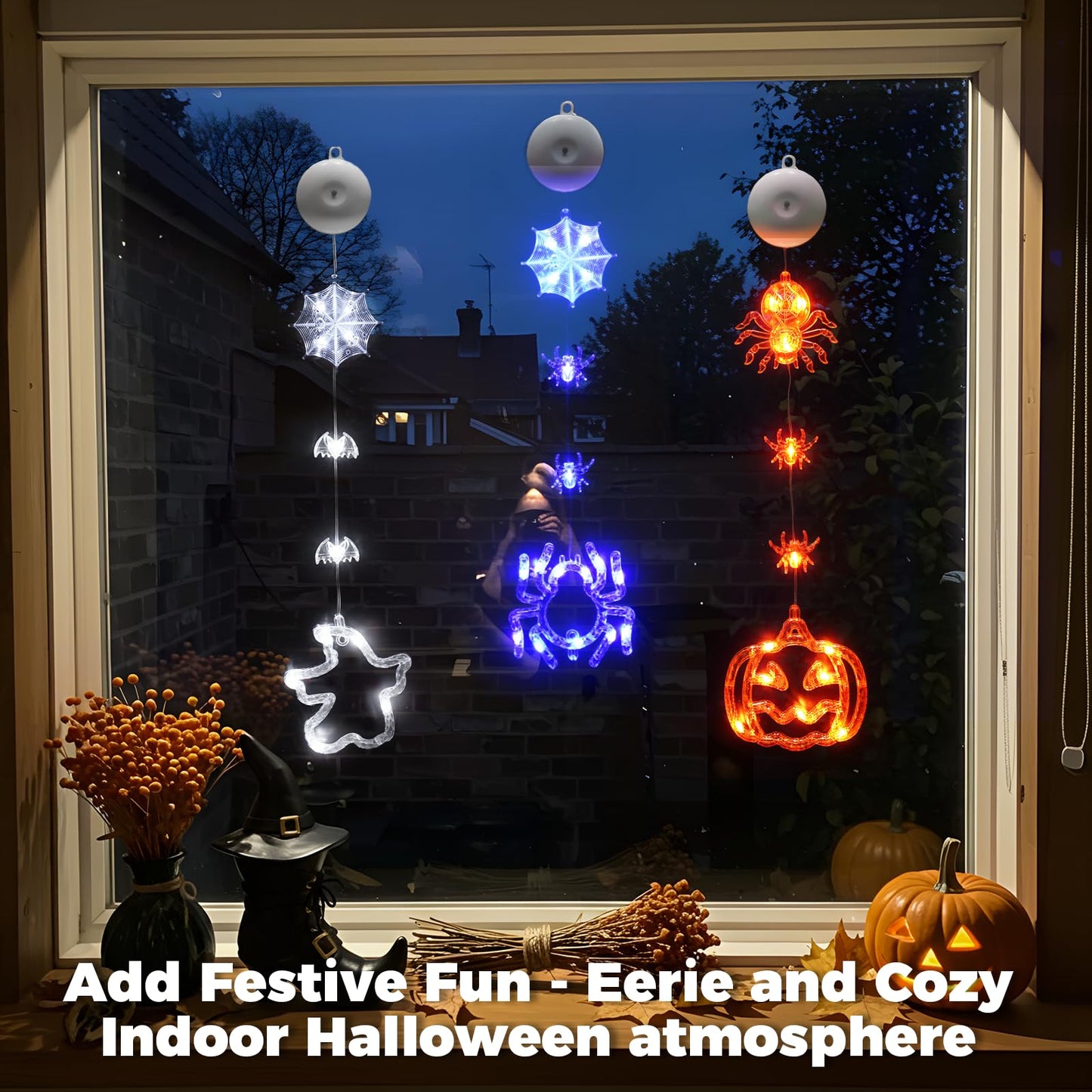 suddus Halloween Window Lights - 3 Pack Battery Operated with Timer - Orange Pumpkin, Purple Spider & White Ghost Decorations