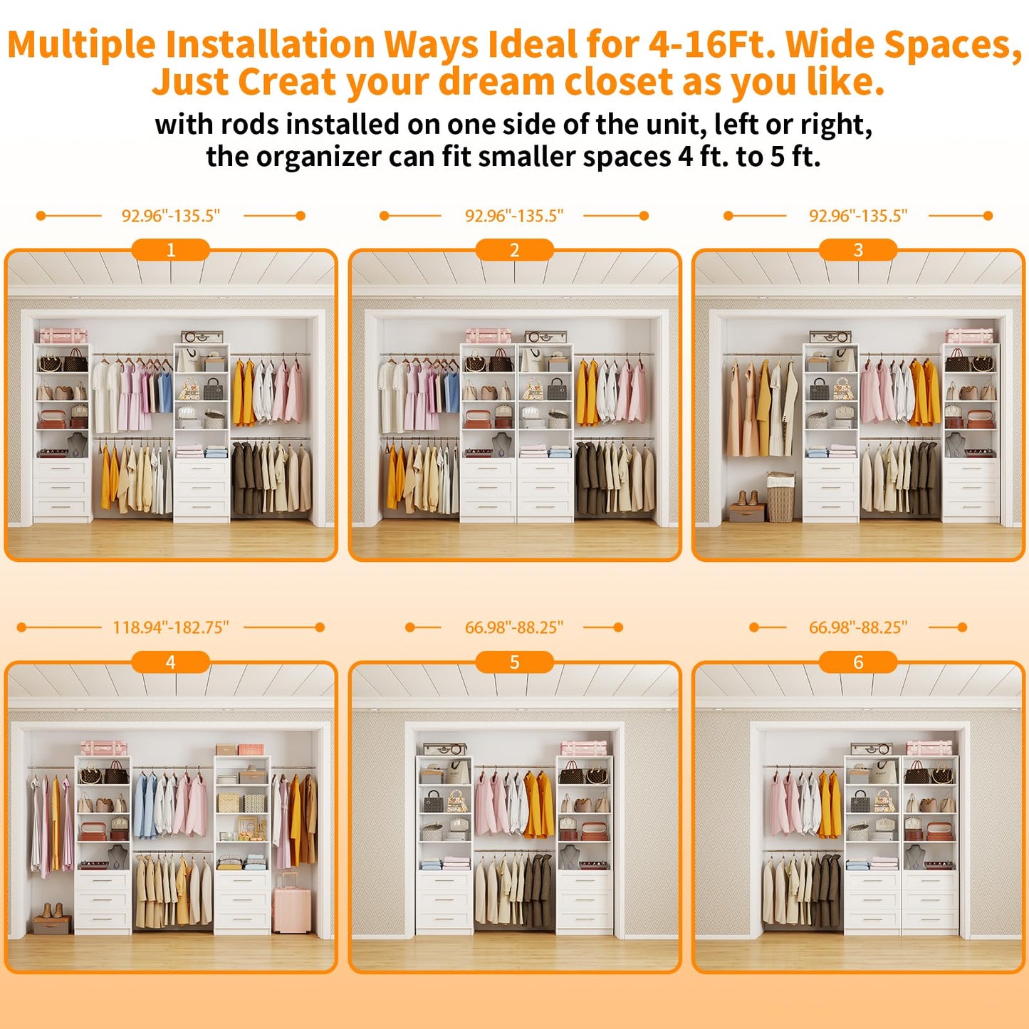 Secilix Closet System with 6 Drawers, 6FT-15FT Wooden Closet Organizer System with 8 Expandable Hanging Rods and Shelves, Closet Shelving System for Walk in Closet for Bedroom,Wall Mount, White 2 Sets