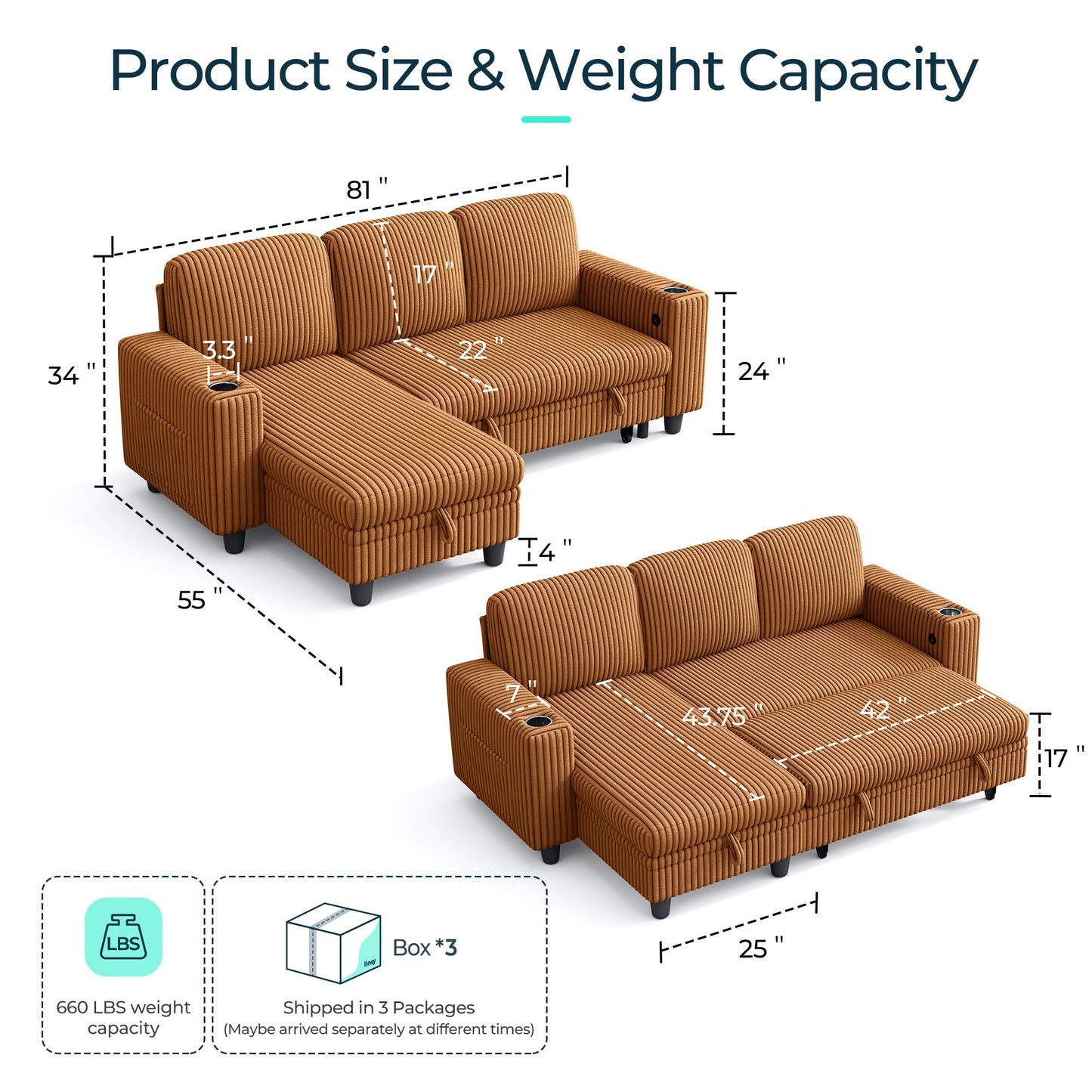 LINSY HOME Sectional Sleeper Sofa with Storage Chaise & USB Charging, Convertible Pull Out Couch Bed Plush Corduroy Modular Sectional Couches for Living Room Apartment (Brown)
