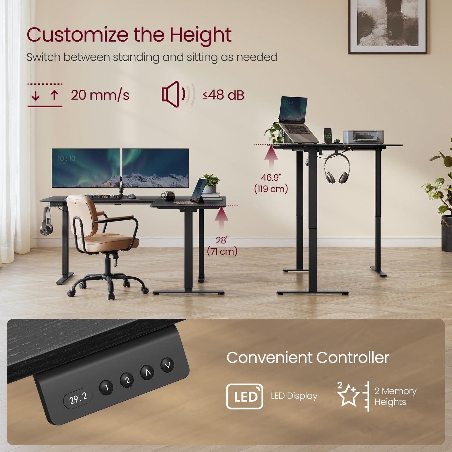 VASAGLE L Shaped Electric Standing Desk, 63 x 47.2 Inches, Height Adjustable Corner Desk with Power Outlets, 2 Memory Buttons, Easy to Assemble, for Home Office, Black ULSD242B01