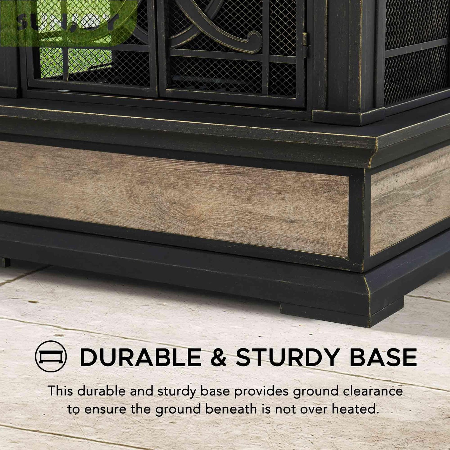Sunjoy Outdoor Fireplace, Stone Look Tile Patio Wood Burning Steel Fireplace with Chimney, Spark Screen, Fire Poker, Rain Cover, and Removable Grate, Black with Golden Highlight