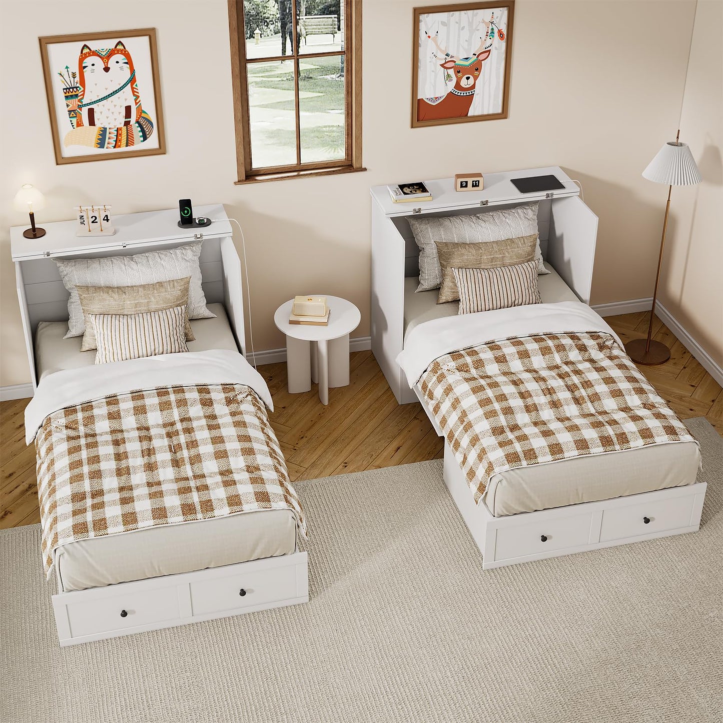LIVAUVEAD Twin Murphy Bed with Built-in Charging Station, Space-Saving Murphy Bed Chest Twin with Drawer, Foldable, for Home Office Guest Room Bedroom White