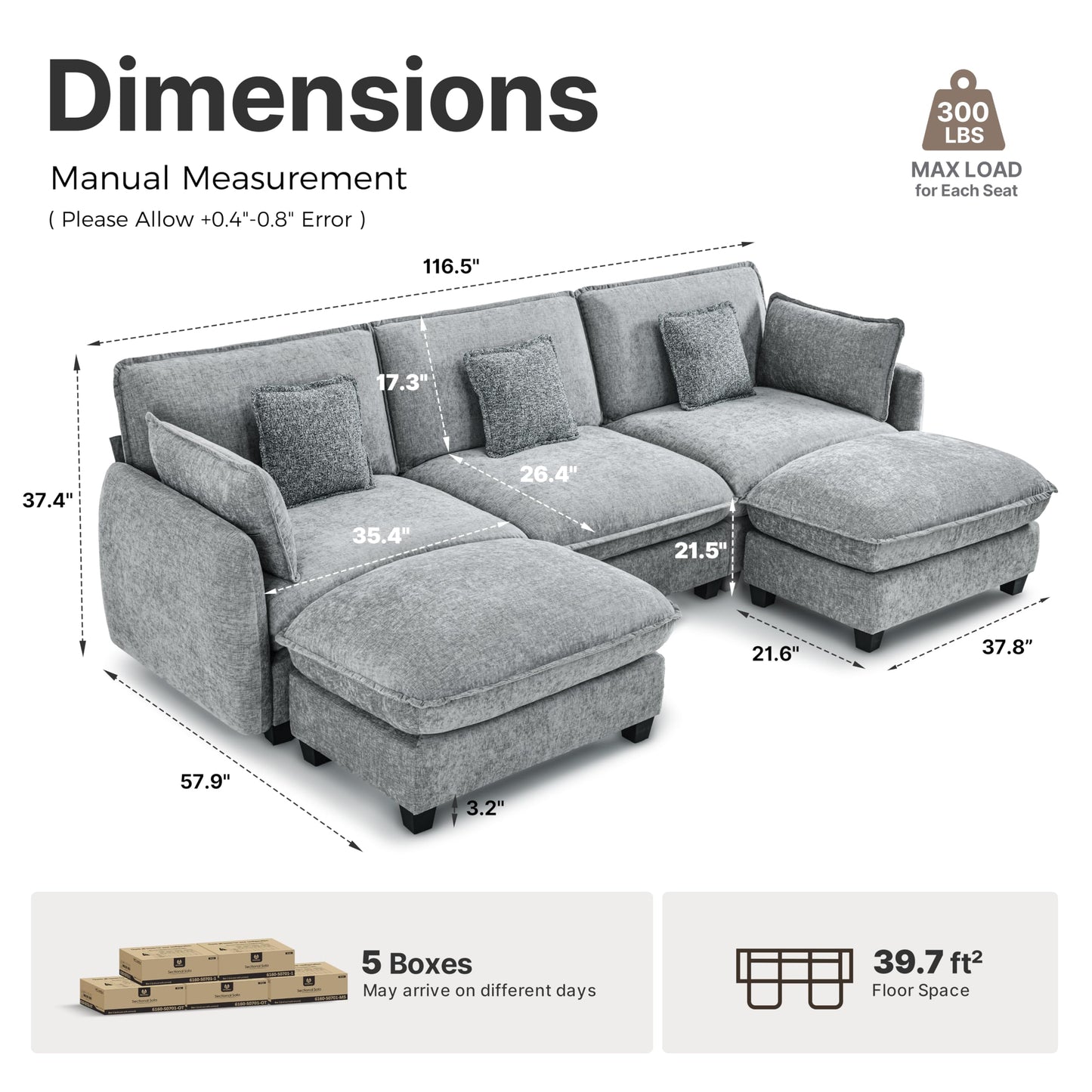 MCombo 117" Oversized Cloud Sectional Couch, Sectional Sofa with FSC Certified, U Shaped Couch with Ottoman for Living Room, Chenille S0701 (Grey)