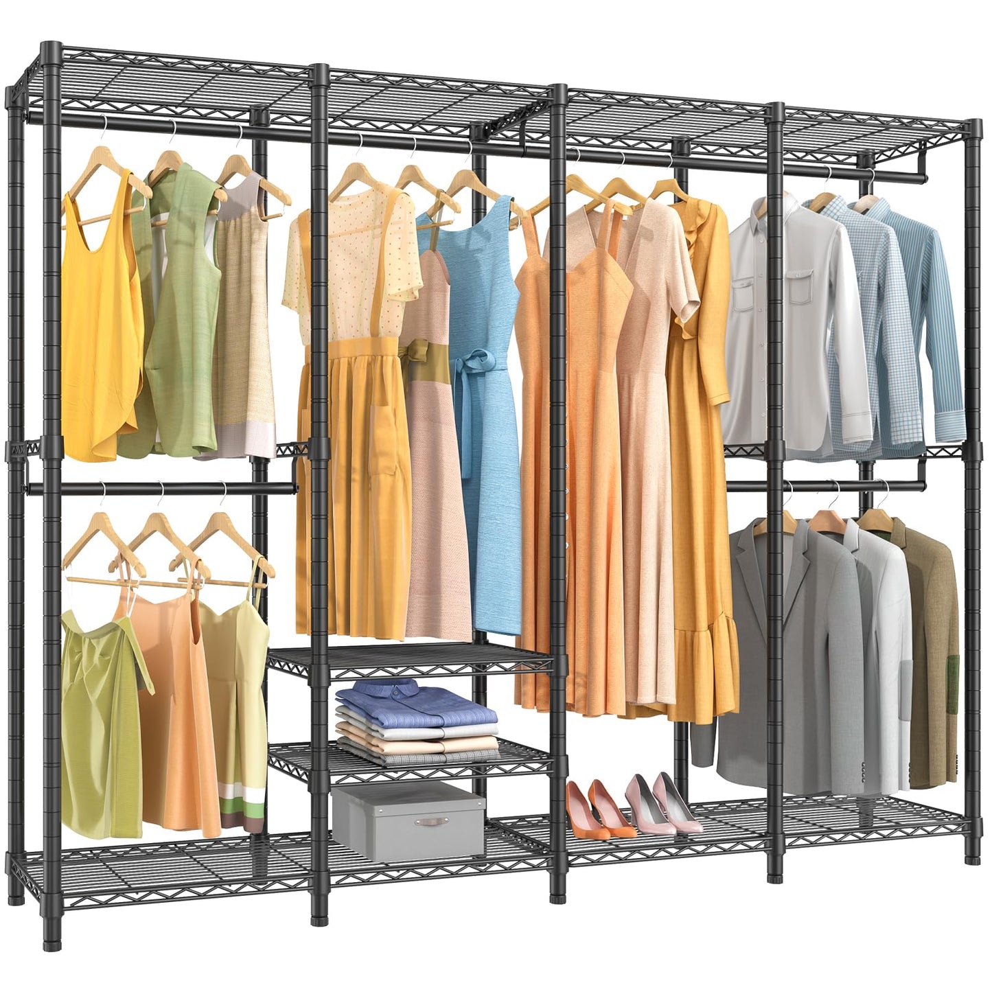 VIPEK V40 Heavy Duty Clothes Rack, 1110lbs Capacity Sturdy Metal Garment Rack, Clothing Rack with 6 Shelves & 4 Hang Rods, Adjustable Open Wardrobe Closet Organizer for Bedroom/Apartment/Retail, Black