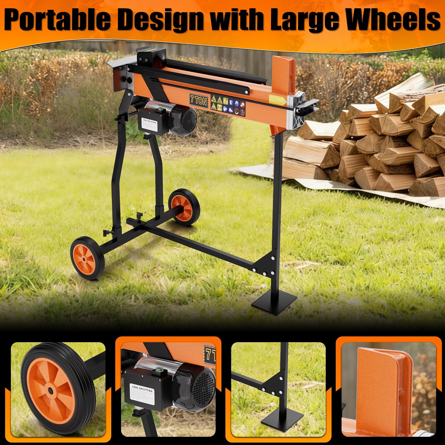 PPOLB 7 Ton Electric Wood Splitter, 15Amp Hydraulic Log Splitter with Stand, Portable Electric Log Splitter for Firewood, Compact Horizontal Wood Splitter for Backyard, Garage, Cabin - Orange