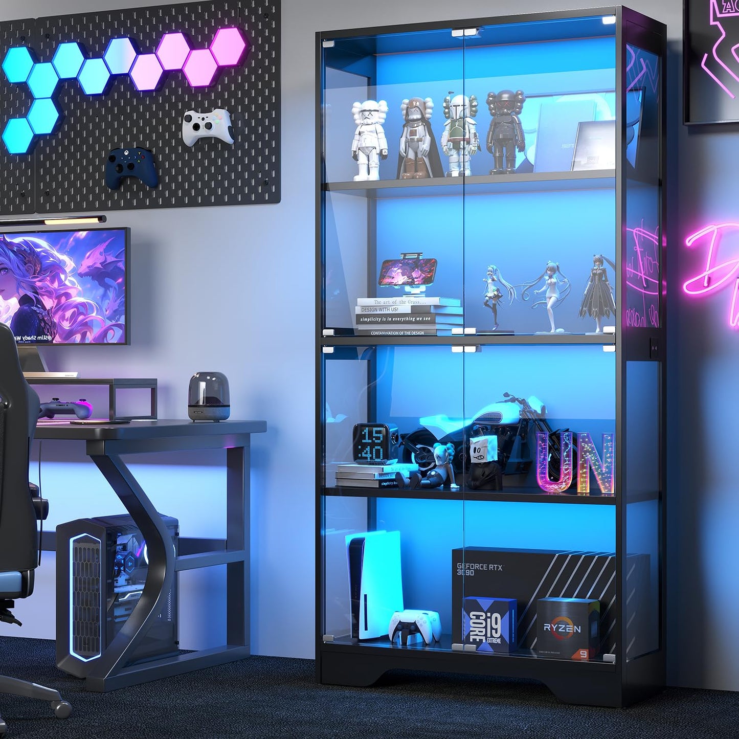 knoworld Display Cabinet with Glass Doors, 63" Tall Curio Cabinet with Human Sensor RGB LED Lights, 4-Tier Glass Display Case with 15mm Thick Shelves for Action Figures, Collectibles, Books - Black
