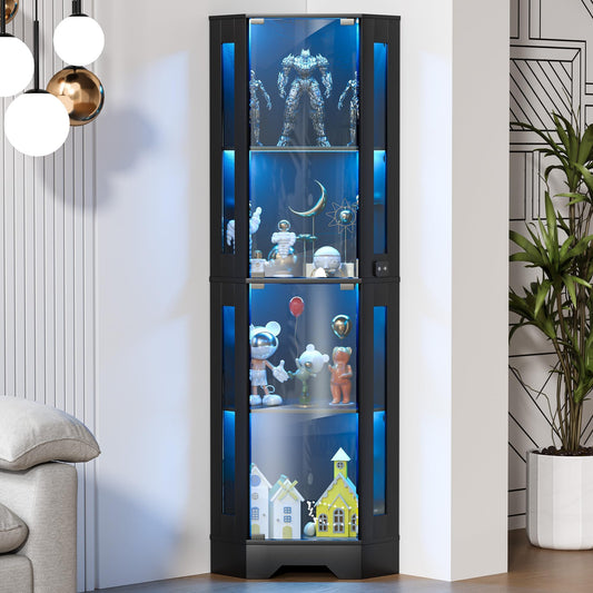 Garvee 65 Inch Corner Display Cabinet with Glass Doors, 4-Tier Curio Cabinet with 3 Color LED Human Body Sensor Light, Wood Storage Showcase for Figures Collectibles Toys Books