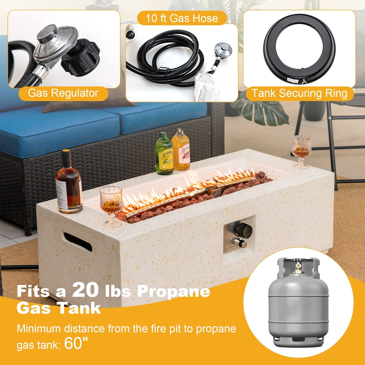 COSTWAY 42" Rectangle Fire Pit Table, Terrazzo Propane Gas Fire Table, Simple Ignition System & Stainless Steel Burner, Protective PVC Cover Included, Outdoor Fire Pit for Backyard, Garden