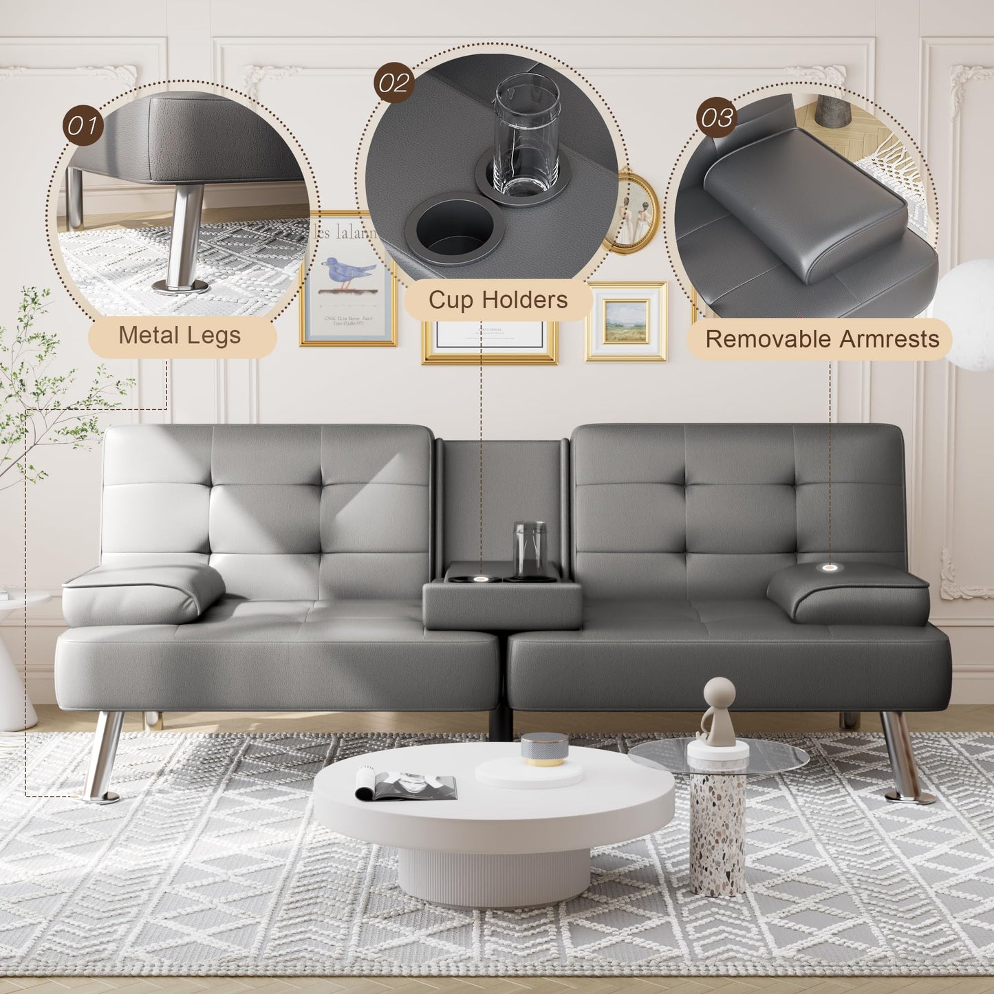 Shahoo Convertible Folding Futon Sofa Bed Sleeper Couch for Living Room Faux Leather Upholstered Loveseat w/Removable Armrests, Metal Legs, 2 Cup Holders, Gray
