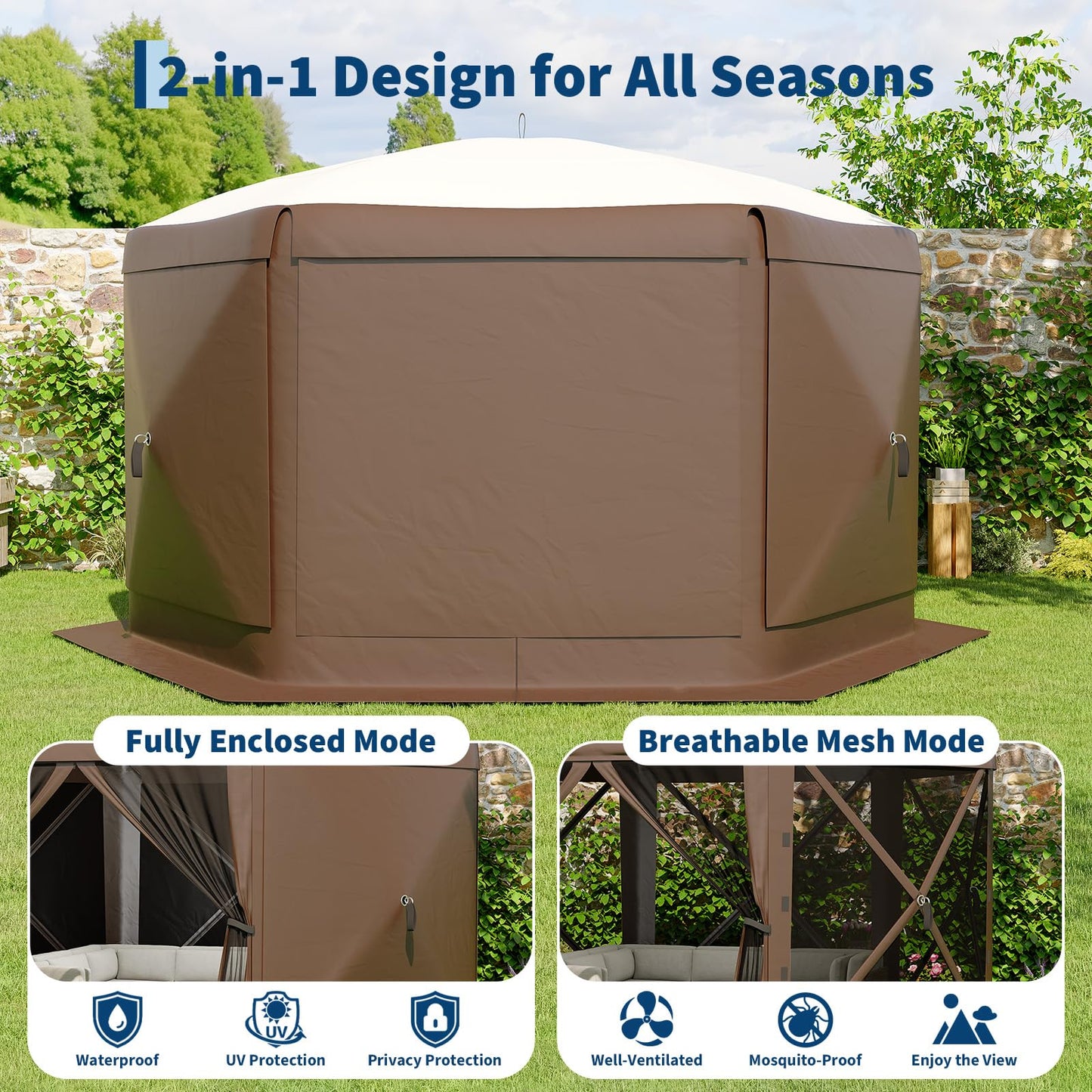 Garvee 12FT Pop-Up Gazebo 6-Sided, Outdoor Canopy Tent with Mosquito Netting & Removable Wind Cloths for Camping, Backyard Parties, Outdoor Events, Beige & Khaki