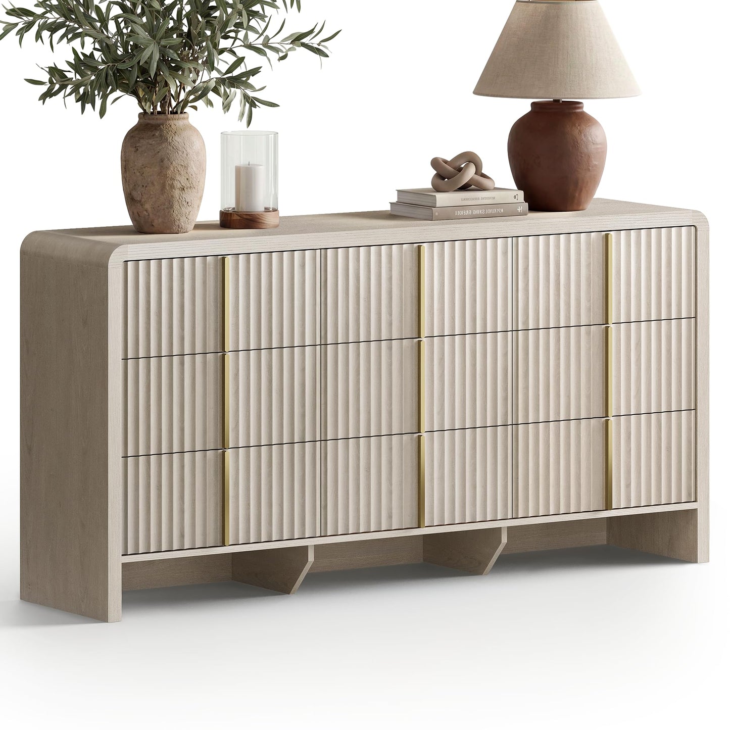 ModernMate Fluted 9 Drawer Dresser for Bedroom, 64.2" Wide White Chest of Drawers, Modern Wood Storage Cabinet with Metal Handles, Anti-Tip Clothes Organizer, White Alder