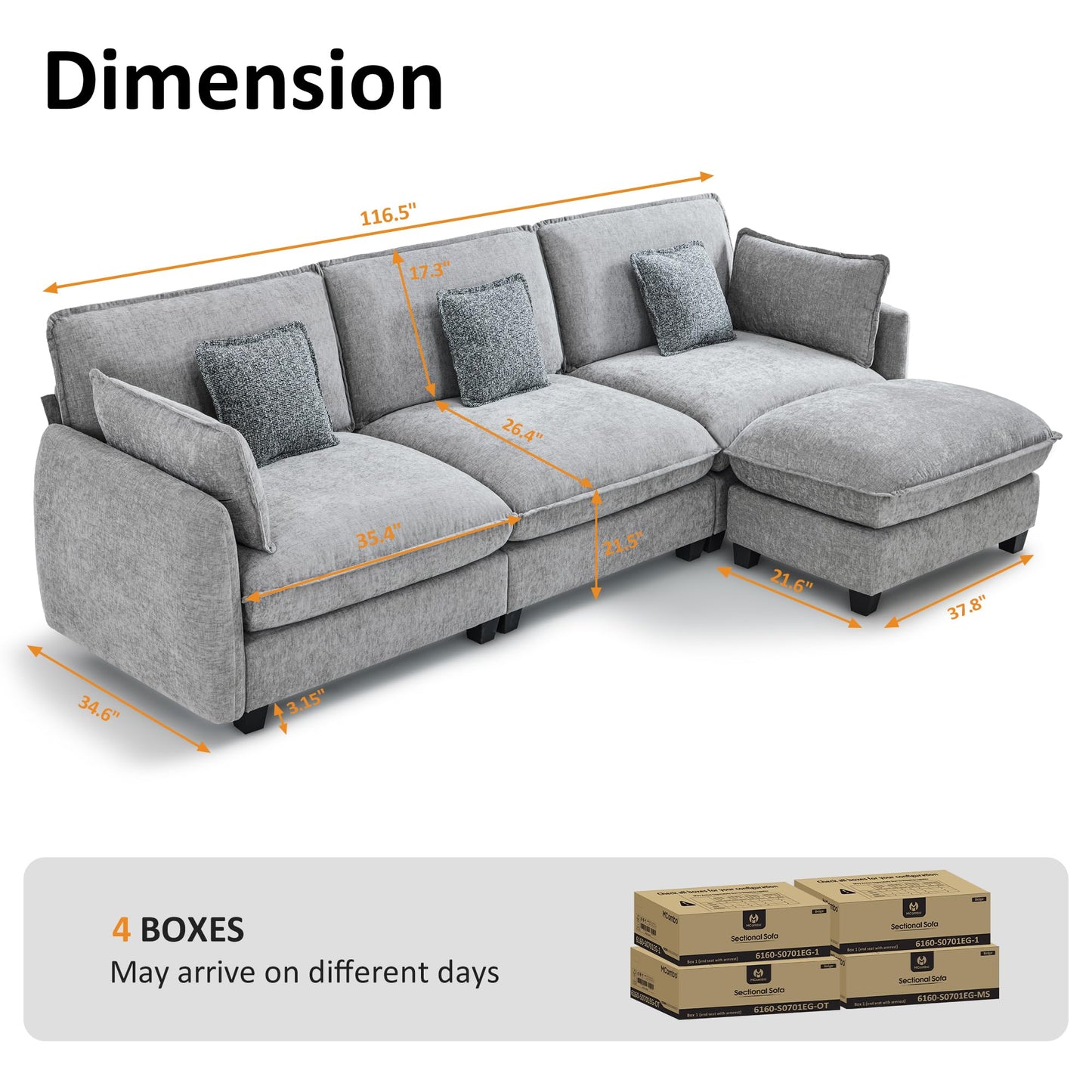 MCombo 117" Oversized Cloud Sectional Couch, Sectional Sofa with FSC Certified, L Shaped Couch with Ottoman for Living Room, Chenille S0701 (Grey)