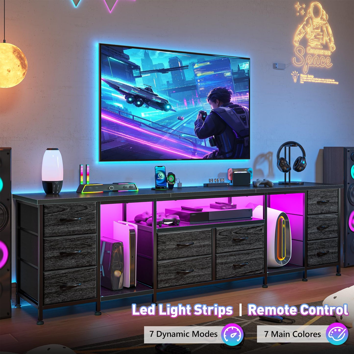 75.5" Long TV Stand for 85/80/75 Inch TVs LED Entertainment Center with Power Outlets & 10 Storage Drawers, Television Stands with 2 Wood Shelves for Living Room Gaming Room Sturdy Metal Frame, Black