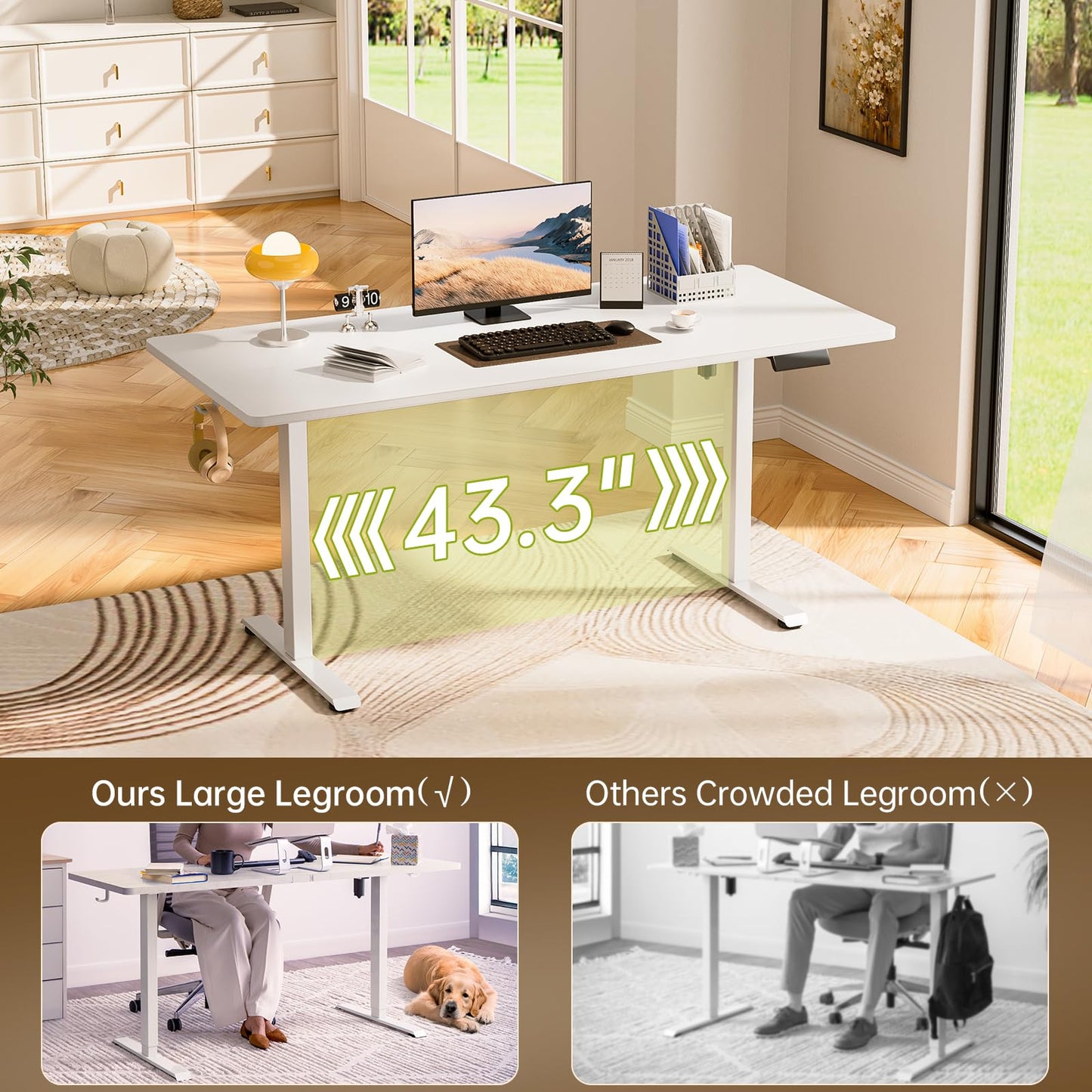 Veken 63x27.6 Inch Large Electric Standing Desk, Heights Adjustable,Sit to Stand Up, Work Home Office Computer Table for Walking Pad, Gifts for Dad, Wooden Desktop Desks, White