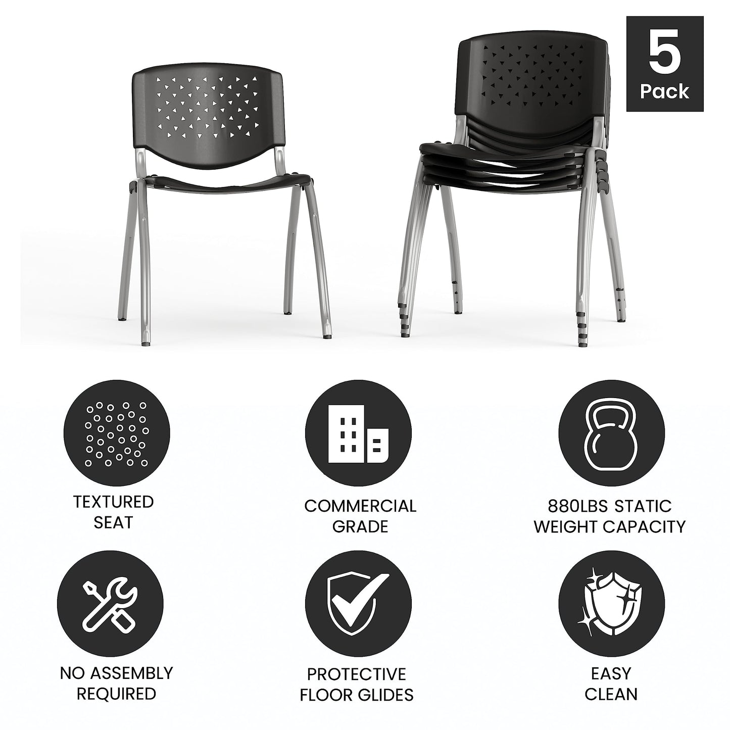 Flash Furniture Hercules Series Plastic Contoured Lobby Chairs with Perforated Backs, Ergonomic Stacking Chairs for Offices, Set of 5, Gray