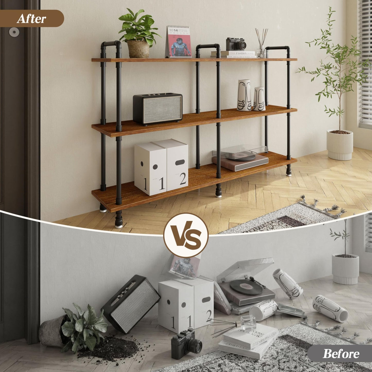 Industrial Bookshelf, Rustic Open Bookcase, 3 Tier Wide Wood and Metal Bookshelf, Solid Pine Wood and Iron Pipe Long Storage Shelf Wide Open Storage Shelf for Living Room Office Bedroom Kitchen