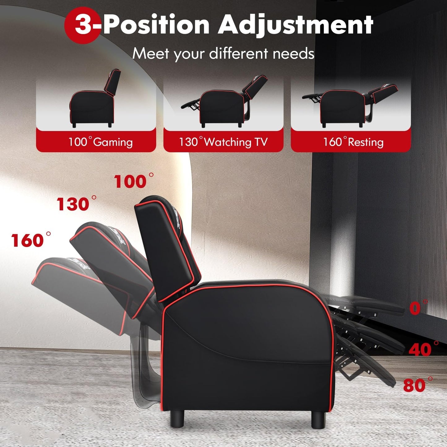 GYMAX Gaming Recliner, Massage Gaming Chair with Adjustable Footrest, Remote Control & Side Pocket, Ergonomic Game Lounge Chair, Racing Style Single Theater Seat Game Sofa for Adults (Red)