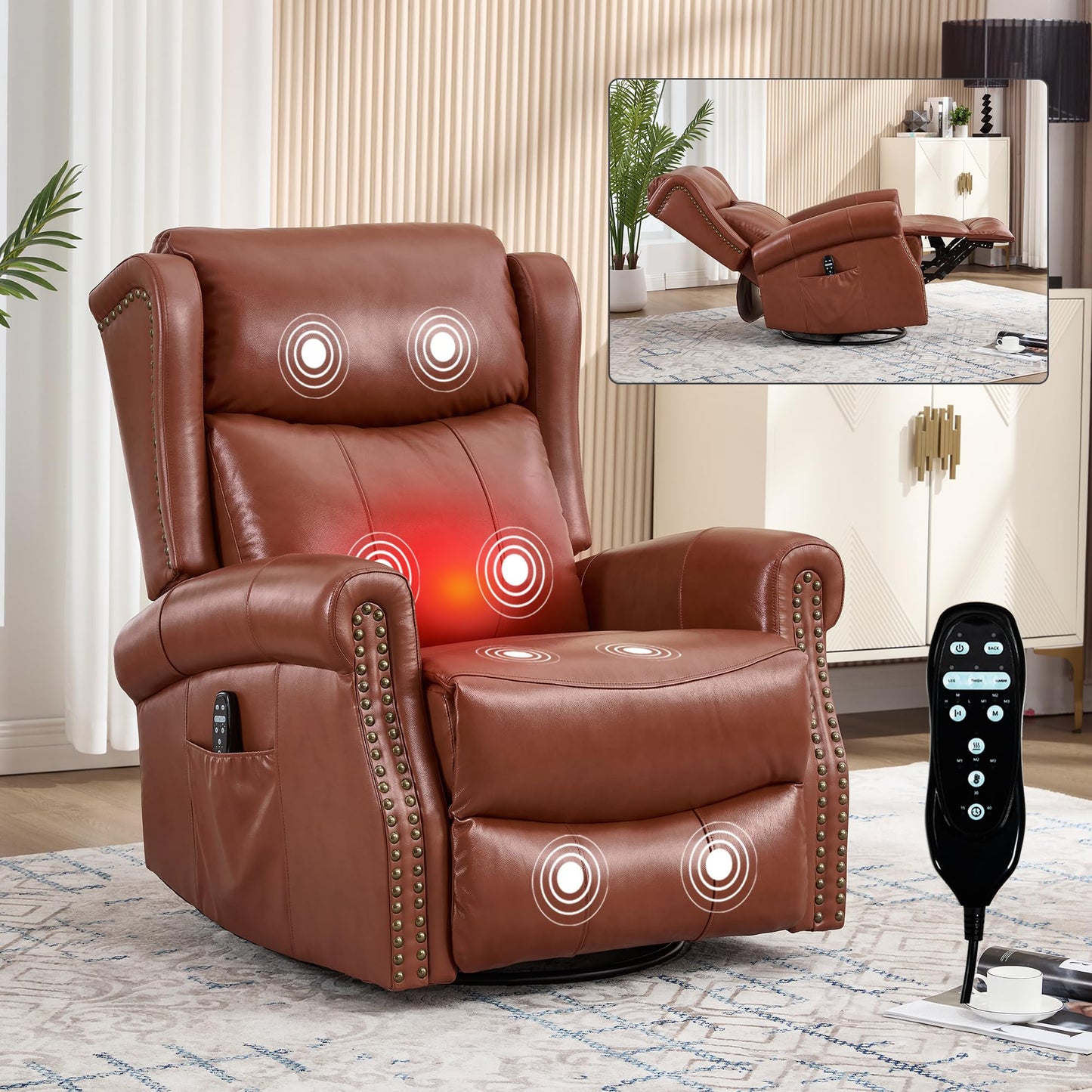 KEIKI Heat Massage Recliner Chair with Rocker & 360° Swivel, Manual Handle Reclining Lounge Chair with Lumbar Heat, Vibration Massage & Cushion Back for Living Room, Red