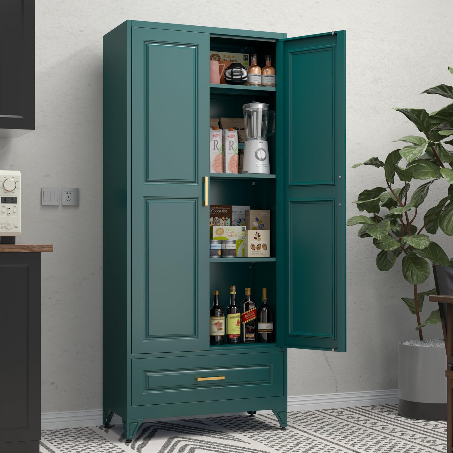 MetalMax 75" Tall Metal Storage Cabinet, Kitchen Pantry Storage Cabinets with Doors and 3 Shelves, Food Pantry Cabinet with Drawer, Utility Kitchen Cupboard, Large Steel Cabinets for Dining, Green