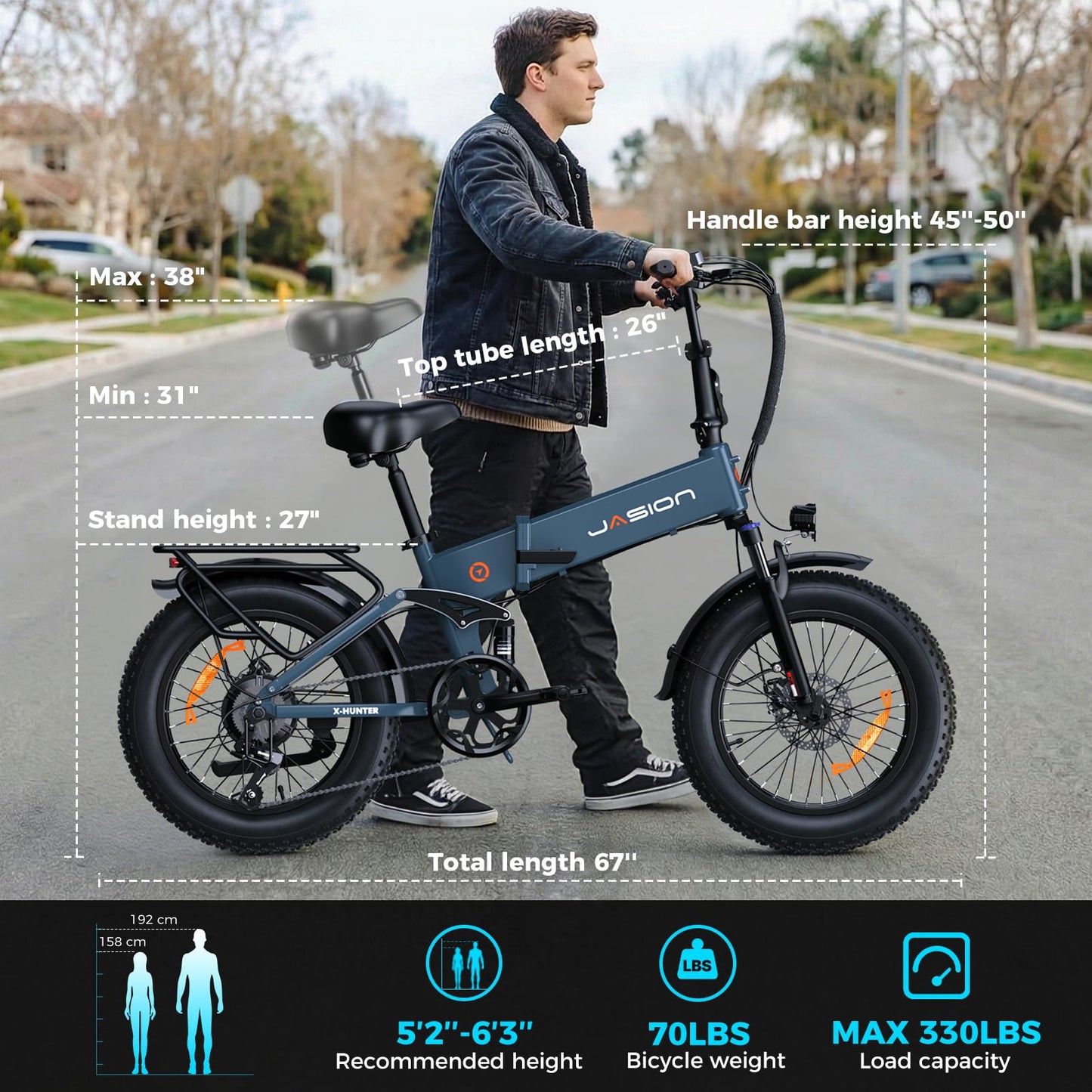 Jasion X-Hunter Foldable Electric Bike, 70+Miles 30MPH Max Speed, 1400W Peak Motor, 624WH Removable Battery, 20″*4 Fat Tire Bicycle for Adult, 7-Speed & Full Suspension EBike for Commute,Snow,Mountain