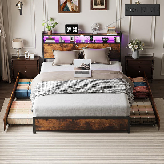 VINGLI Queen Bed Frame with 4 Storage Drawers and Headboard, Metal Platform Panel Bed with Charging Station and RGB LED Lights, No Box Spring Needed, Noise Free, Easy Assembly,Rustic Brown