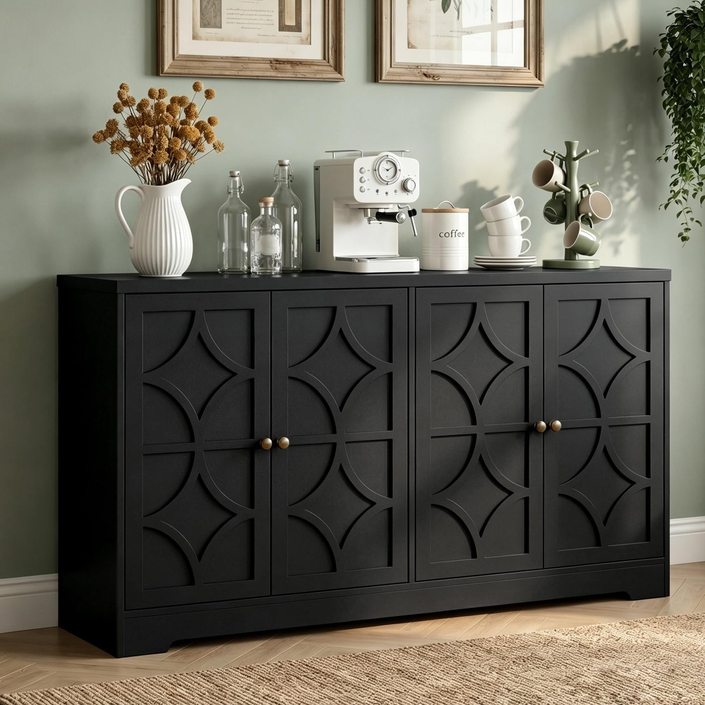 RoyalCraft Sideboard Buffet Cabinet with Storage, 56" Modern Sideboard with 4 Carved Doors, Large Wood Coffee Bar Console Table for Kitchen, Dining Room, Entryway, Living Room, Black