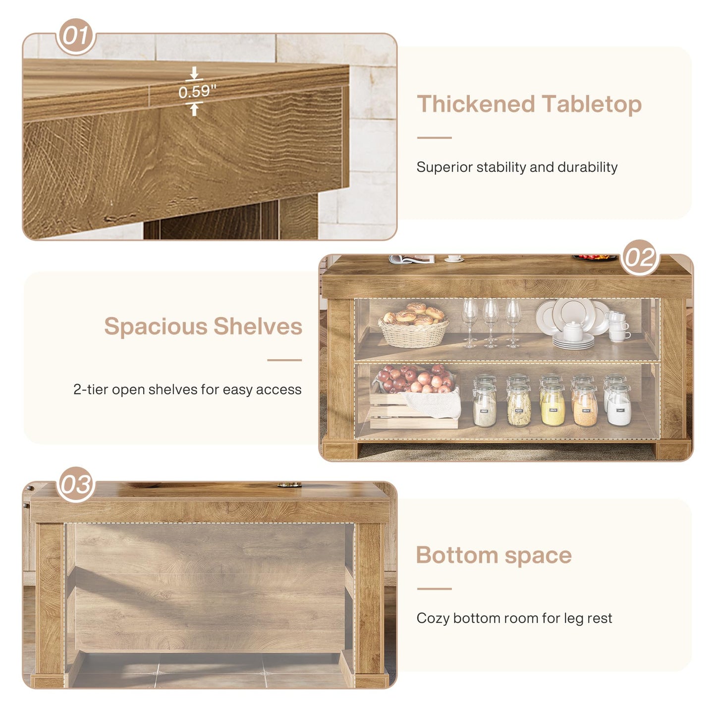 Tribesigns 55" Kitchen Island with Seating and Storage, 3-Tier Farmhouse Wood Stationary Island Table with Large Worktop & Leg Room, Coffee Bar Table with Storage Shelves for Kitchen, Natural Brown