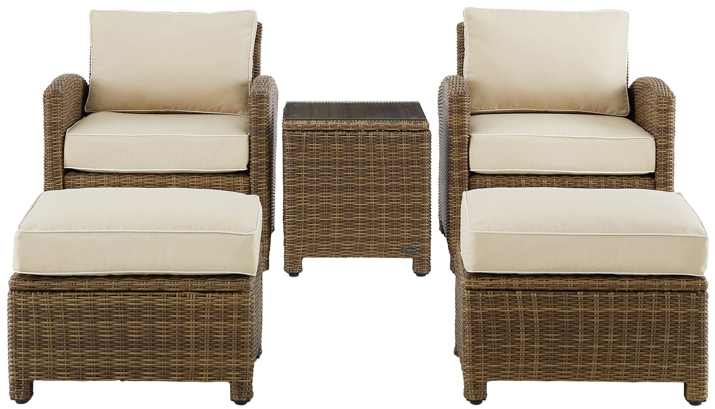 Crosley Furniture Bradenton 5-Piece Outdoor Chair Patio Furniture Set, Wicker Conversation Sets for Porch, Weathered Brown with Sand Cushions