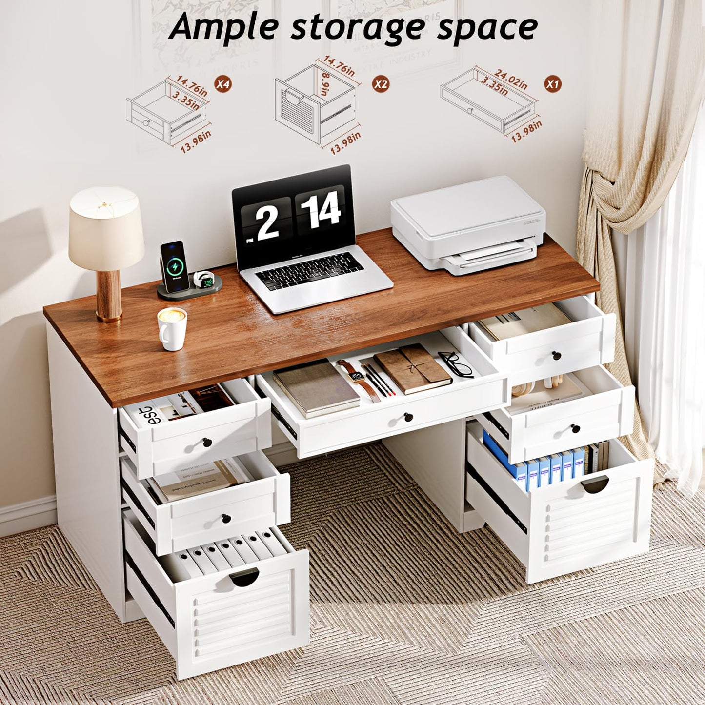 Ieejdn 59" Home Office Desks, Executive Desk, Farmhouse Computer Desk with 7 Drawers and Charging Station, File Drawer, Rustic Computer Writing Desk,Antique Cream