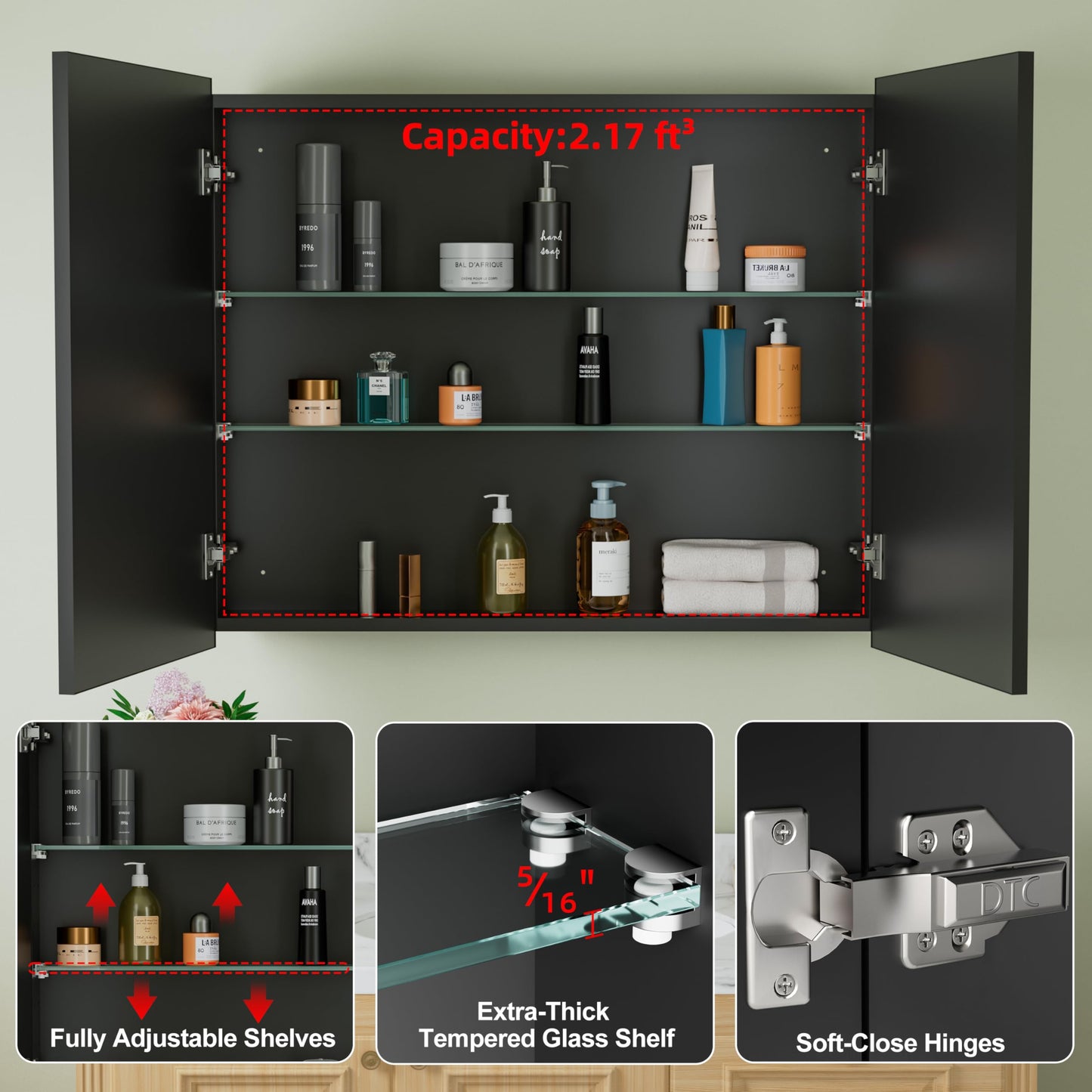 Buruis 36" x 30" Framed Medicine Cabinet with Mirror, Recessed or Wall Mounted Bathroom Cabinet, Adjustable Tempered Glass Shelves, Left/Right Open Reversible, No Assembly Required, Black