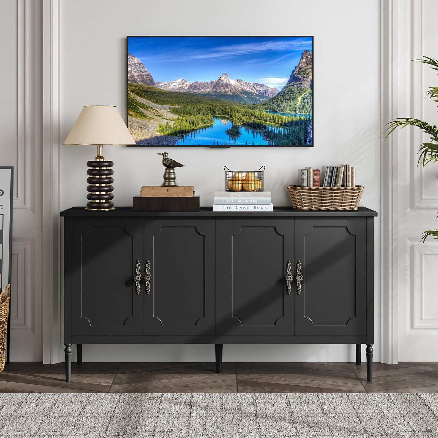MilleLoom 59" W Buffet Cabinet with Storage, Kitchen Storage Cabinet Wood Console Table Coffee Bar Accent Cabinets for Living Room Dining Room Entryway, Black