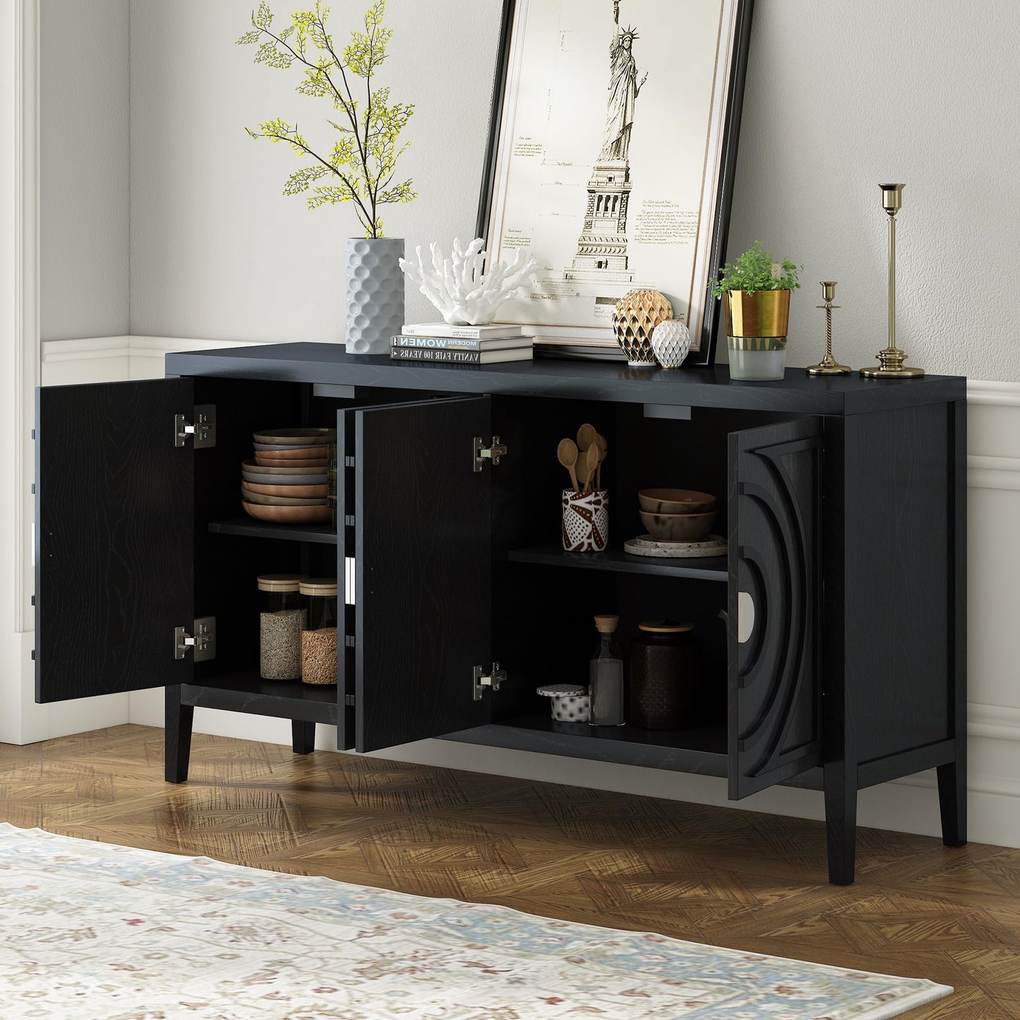 Merax Modern Rustic Wood Buffet Sideboard with Storage Shelf, 4 Doors Coffee Bar Cabinet TV Stand for Bedroom Living Room Dinning Room Kitchen Black