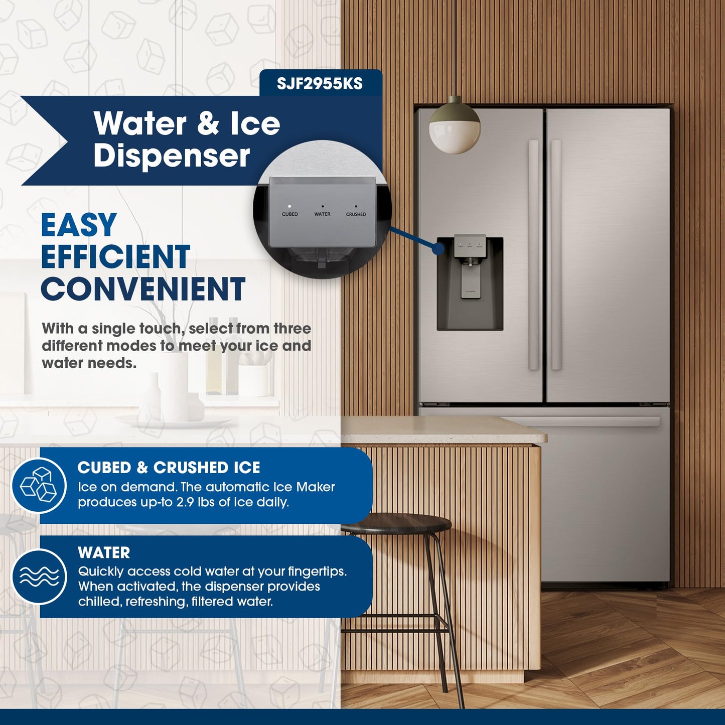 Sharp SJF2955KS 28.9 cu. ft., 3-door French Door Refrigerator, Ice/Water Dispenser, Advanced Cooling Plus System, Chill-Boost & Freezer-Boost, Automatic Dual Ice Maker Garage Ready, Stainless Steel