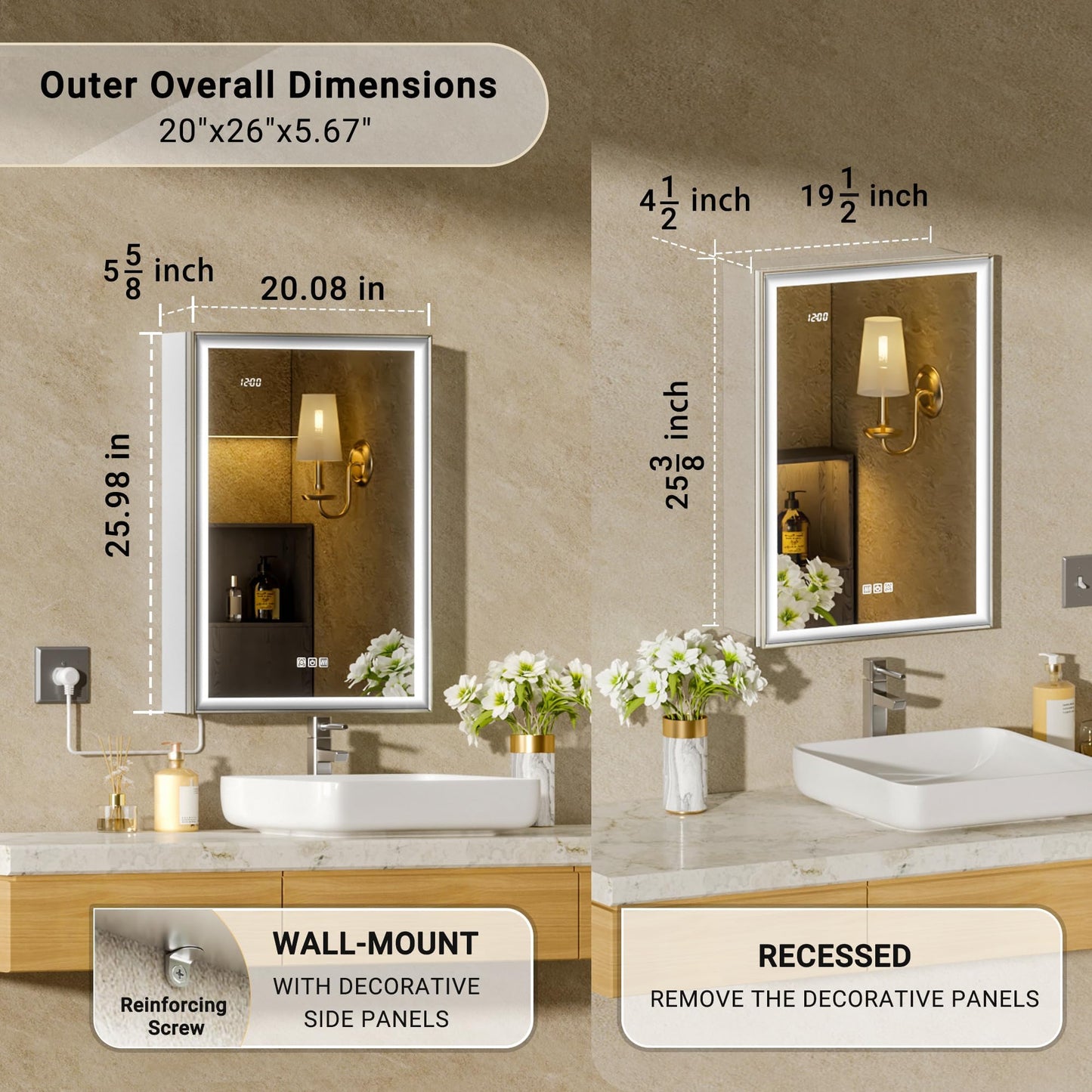 QueenFun Lighted Medicine Cabinet with Mirror, 20x26 Beveled Brushed Nickel Framed Surface or Recessed Fogless Dimmable LED Medicine Cabinet with Outlet, Time Display and Sensor Inner Light