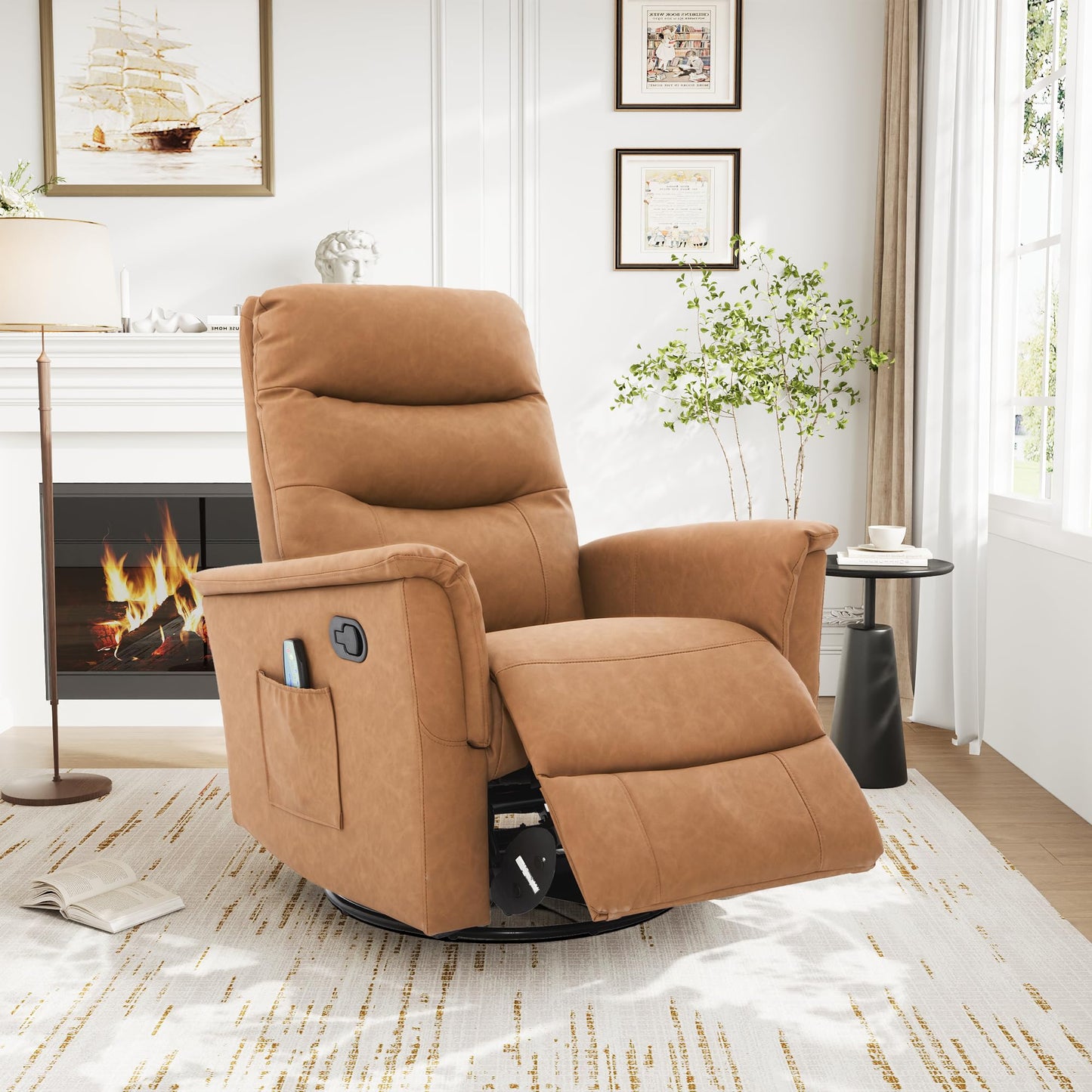 Christopher Knight Home Helen Massage Recliner Chair with 8 Points Function, PU Leather Upholstered Recliner Sofa with Two Adjustable Positions, Swivel Massage Chair with a Side Storage Pocket, Brown