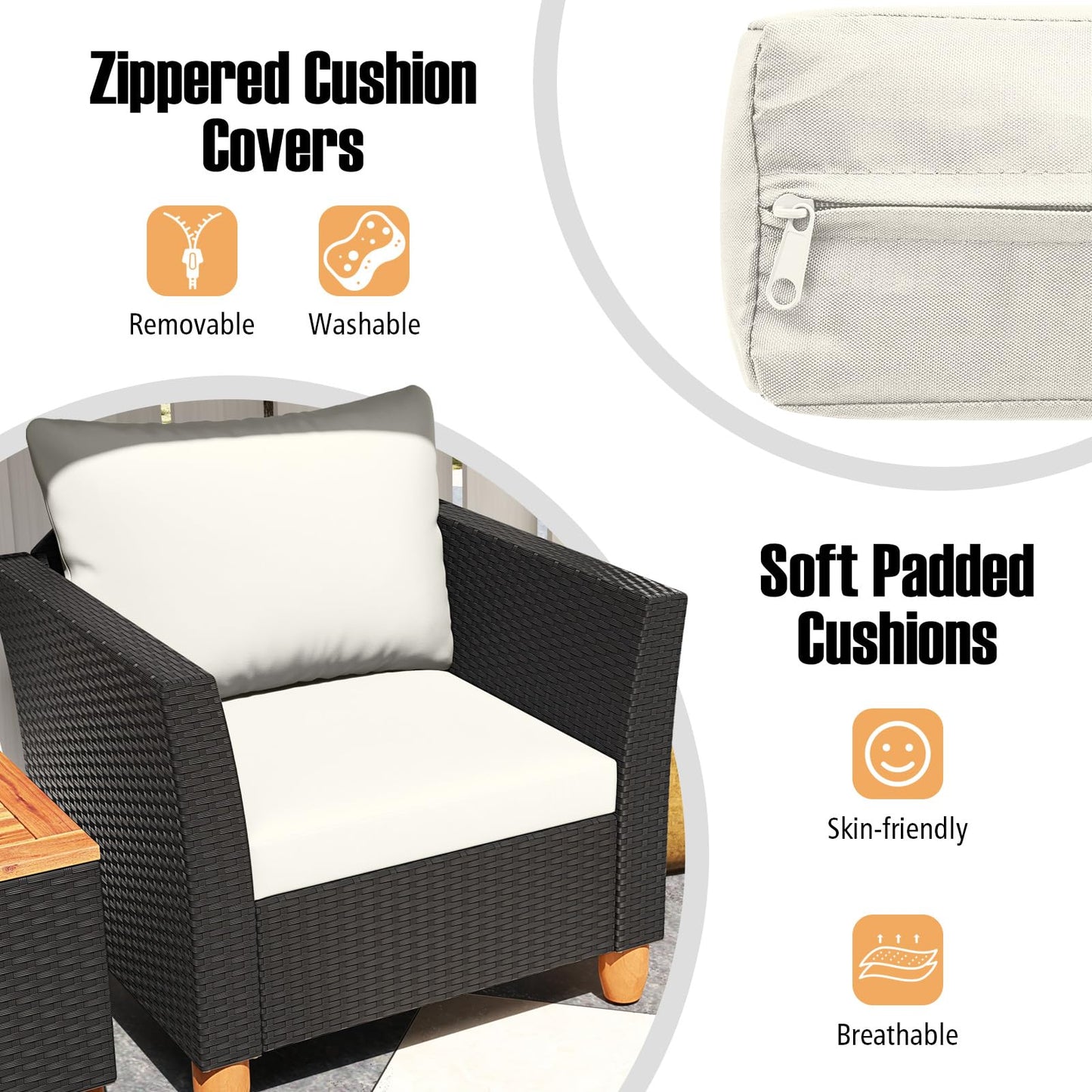 Tangkula 3 Pieces Patio Porch Furniture Set, PE Rattan Wicker Chair Conversation Set with Cushions and Storage Table, Outdoor Acacia Wood Bistro Set for Garden, Poolside (White)