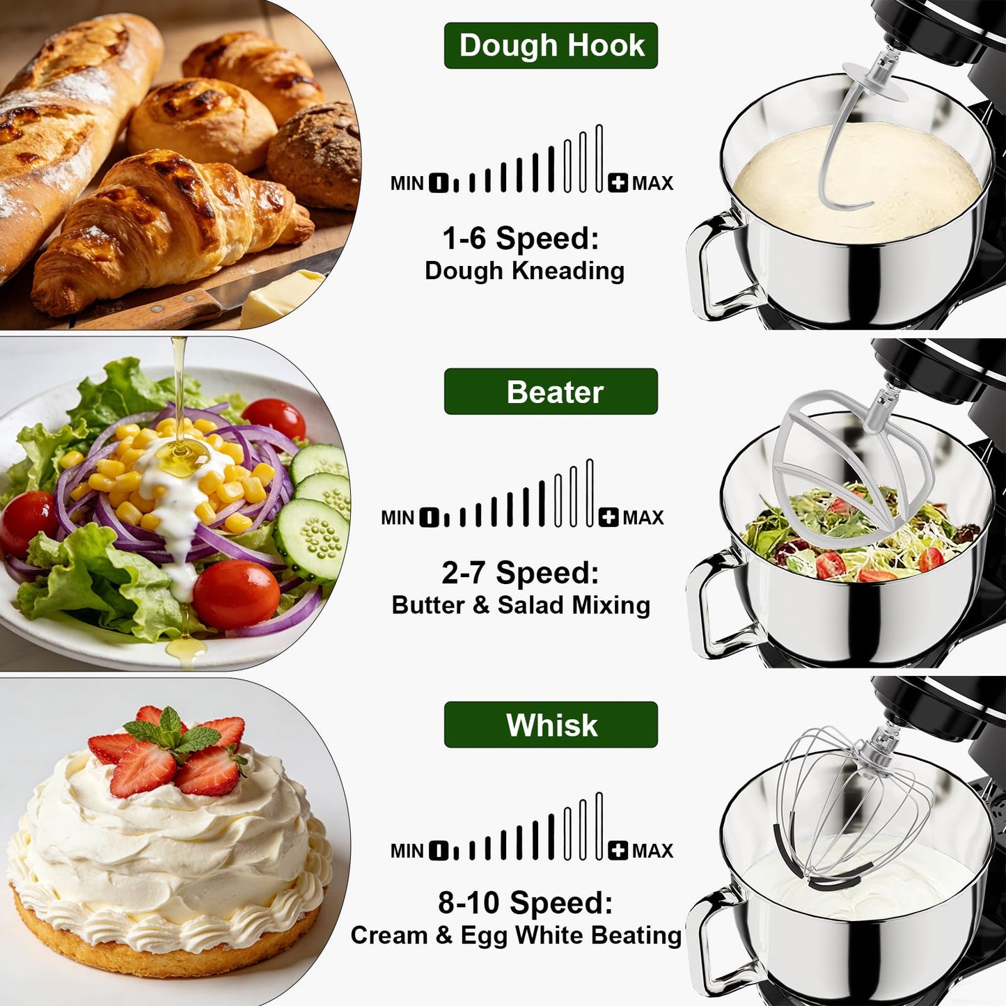 Camic Electric Stand Mixer,7.45 QT,10 Speeds with Dough Hook,Whisk, Flat Beater Attachments, Splash Guard, Easy-Carry Top Handle,3-IN-1 Kitchen Mixer for Baking Cakes Cookie Bread Salad (Black)