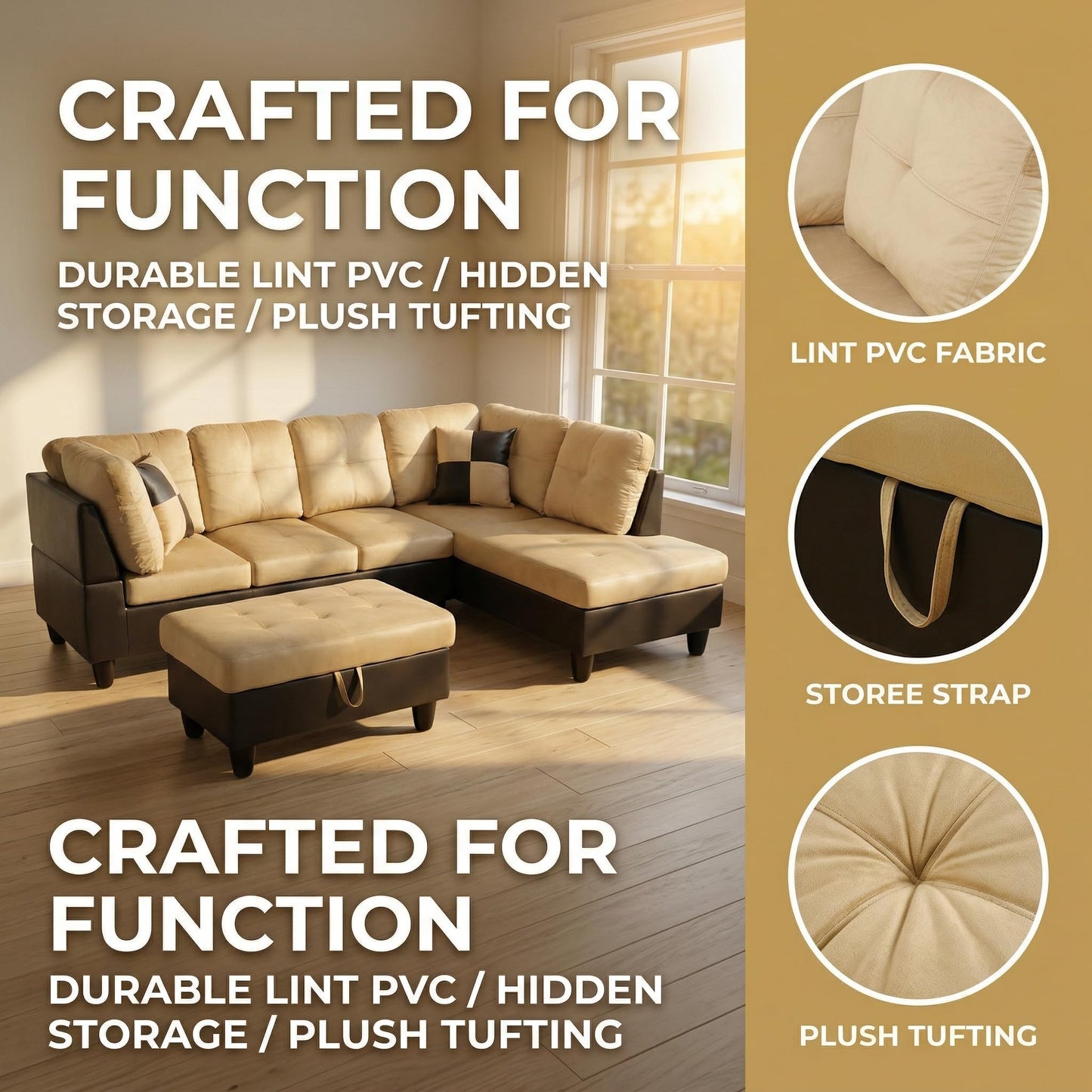 NicBex Sectional Couch 3 Pieces Sofa Set, L-Shaped Modular Couches for Living Room, Furniture Sets with Lounge Chaise & Storage Ottoman, Multi-Scene Use for Apartment & Office, Beige+Black