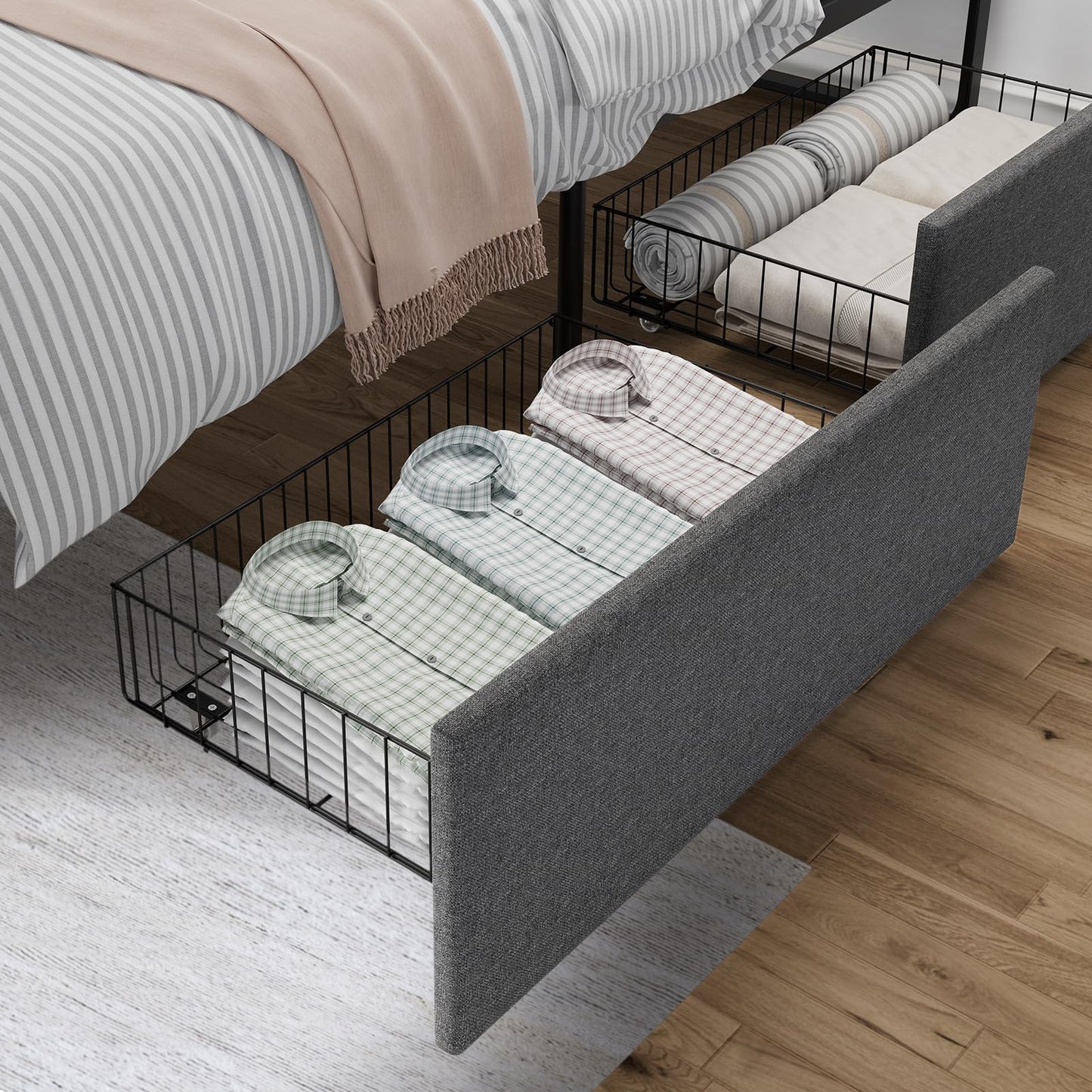 IDEALHOUSE Queen Size Bed Frame with 2 Storage Drawers, Upholstered Platform Queen Bed Frame with Headboard and Footboard, Queen Bed Mattress Foundation with Steel Slats Support, No Box Spring Needed