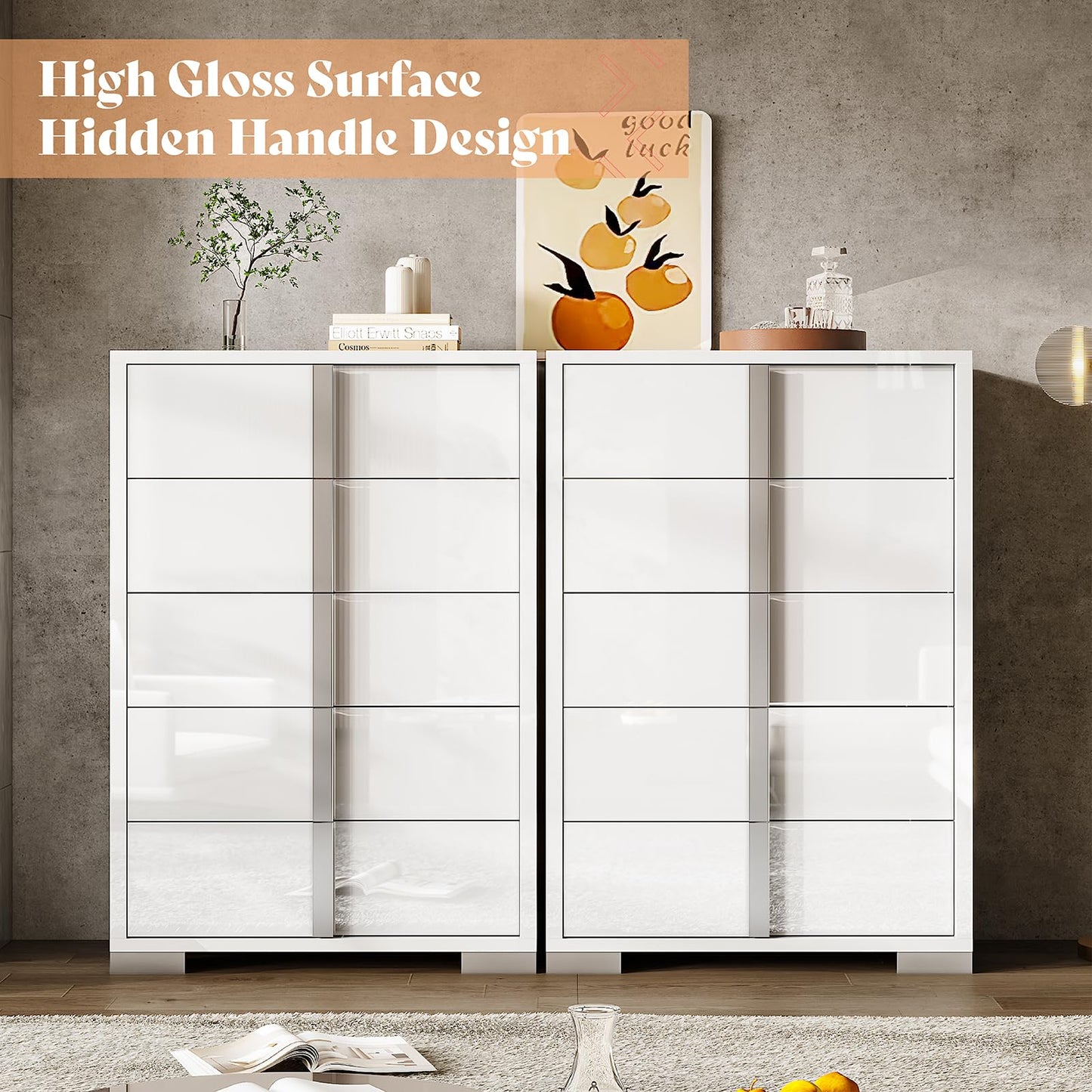 AMERLIFE 50.2" H Modern 5 Drawer Dresser, Glossy Surface Chest of Drawers, Large Storage Organizer for Bedroom, Living Room, Cloakroom, Luxury, White