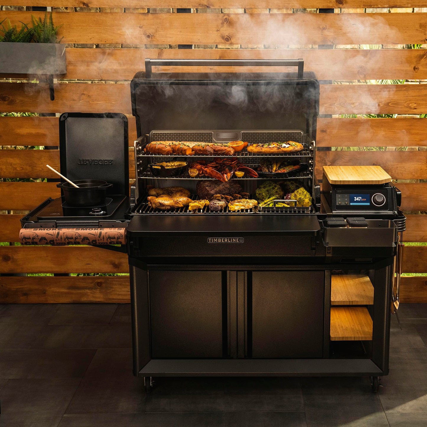 Traeger Timberline XL Wood Pellet Smoker Grill with 1,320 sq in Cooking Area, WiFIRE Smart Temp Control, 500-degree Max Heat, Super Smoke Mode, 6 in 1 Outdoor BBQ Smoker & Grill with Induction Burner