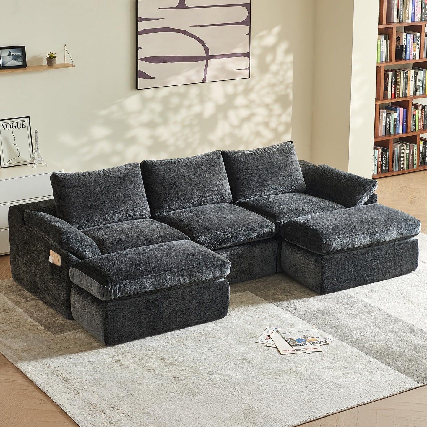 Vamcheer U Shaped Cloud Couch - Utra Soft Modular Sectional Sofa with 2 Movable Ottoman, Deep Seat Boneless Couches for Living Room, Bedroom, Office, No Assembly Required, Grey
