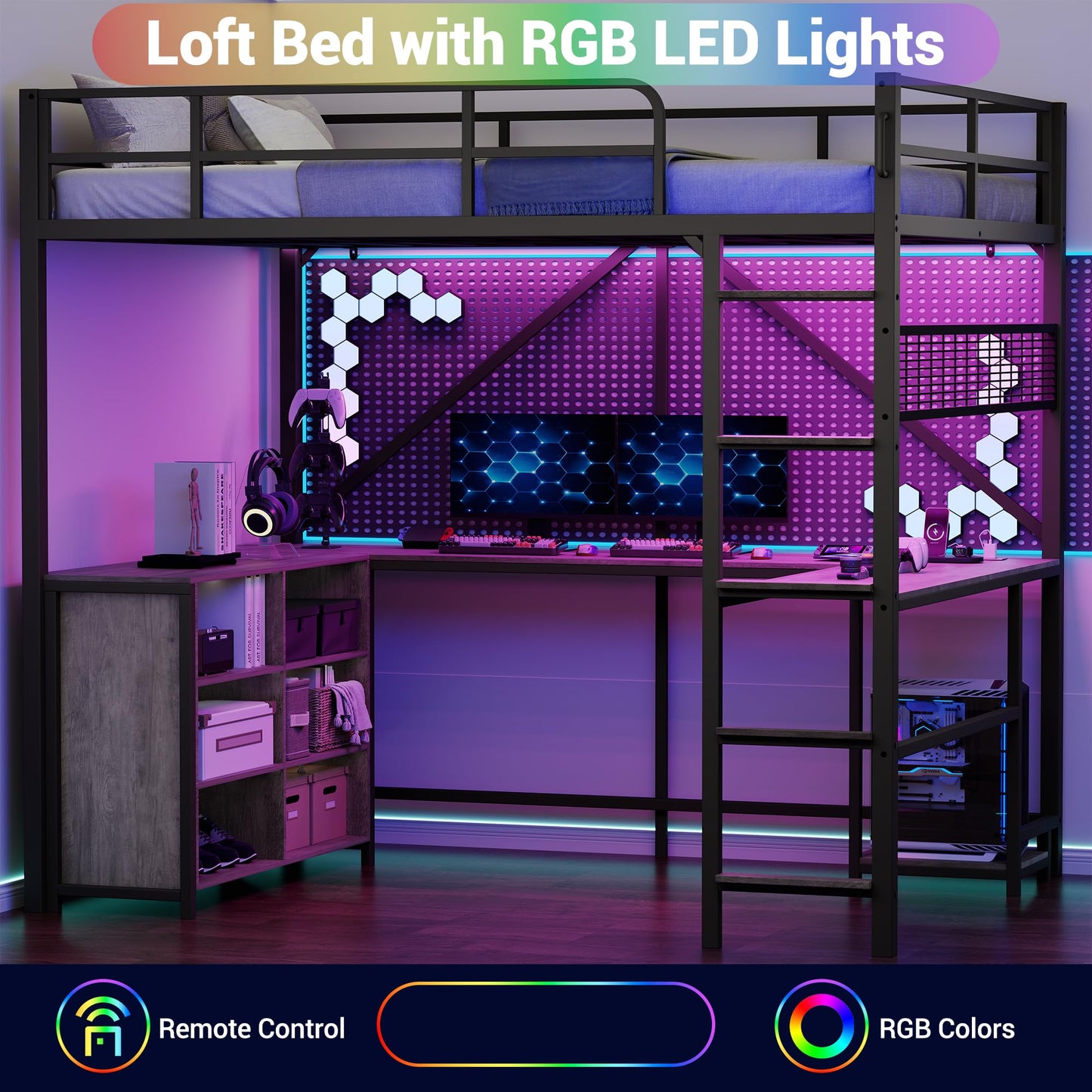 Garvee Loft Bed Full Size with u-Shaped Desk, 6 Storage Cubbies, Power Outlet, Bed Frame with LED & PC Stand, Heavy Duty Metal Bed Frame with Widened Ladder Feet for Apartment, Bedroom, Small Space