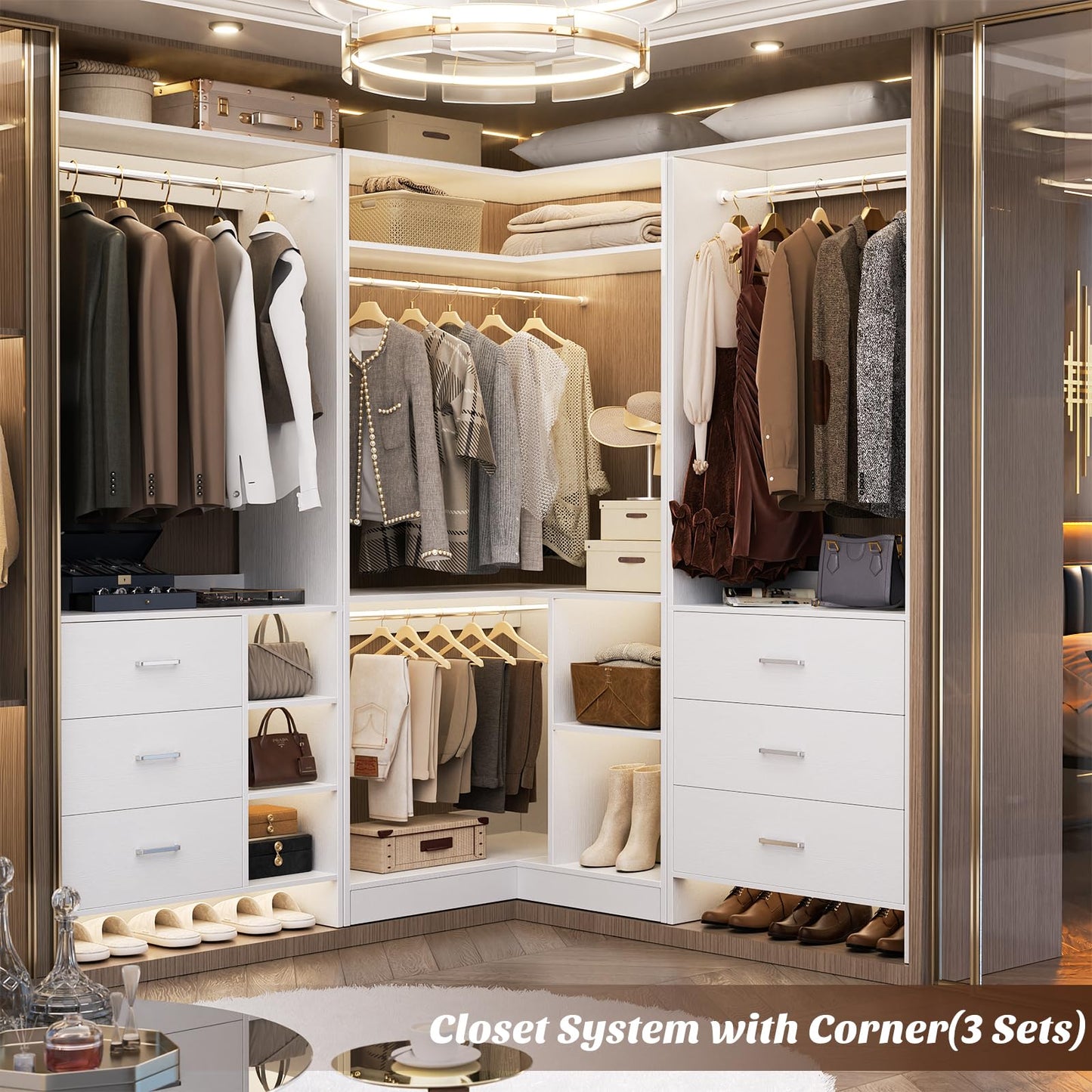 Aheaplus Corner Closet System With Shelves, 34'' Organizer With Hanging Rods, Wood Walk-in for Small Space, Freestanding Tower, L Shaped Garment Rack, White